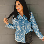 Button Down Floral Embroidered Denim Top - Lace and Grace Boutique