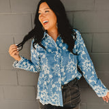 Button Down Floral Embroidered Denim Top - Lace and Grace Boutique