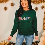 Merry Tinsel Crewneck Pullover Sweater - Hunter Green