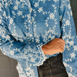 Button Down Floral Embroidered Denim Top - Lace and Grace Boutique