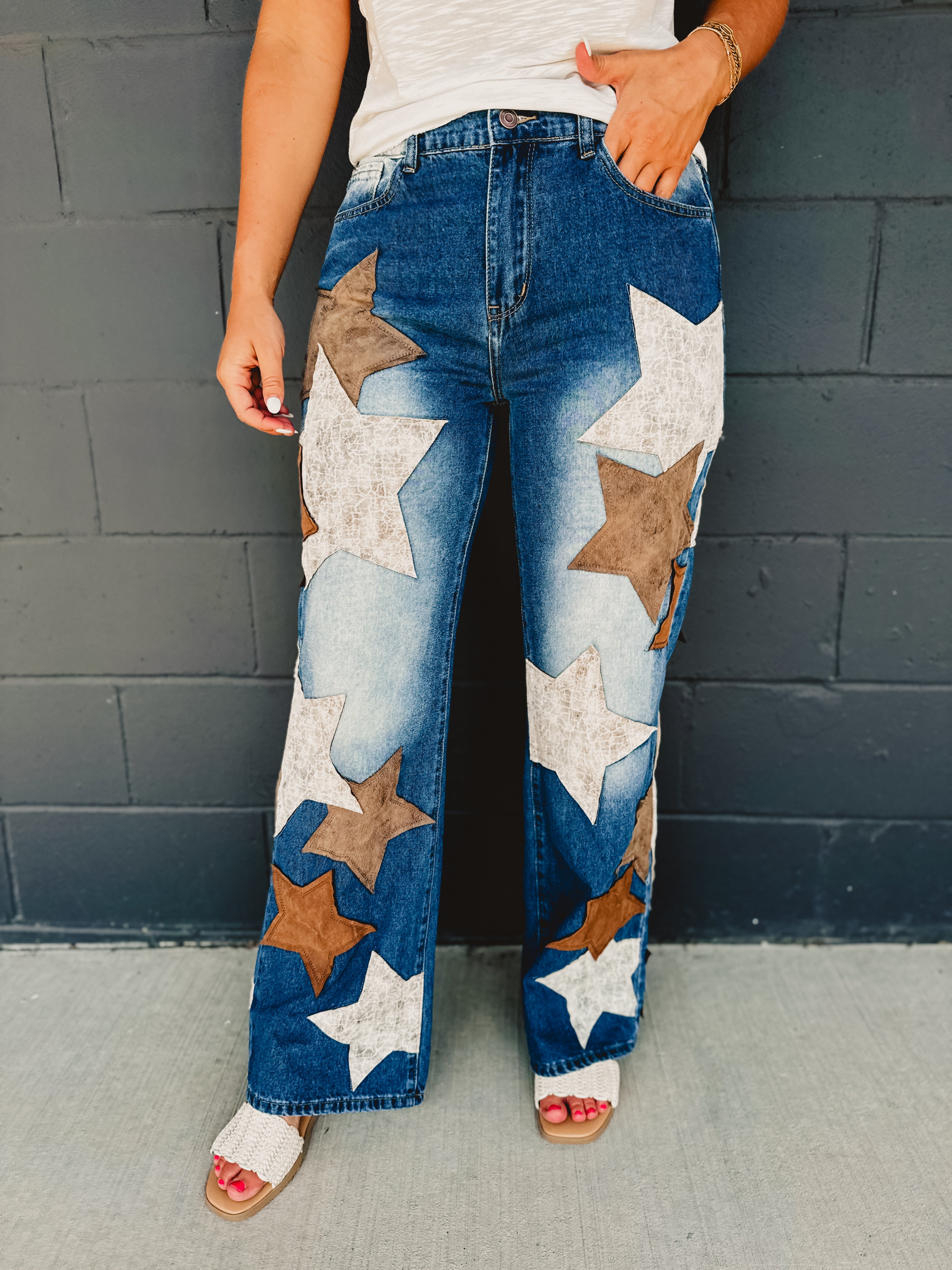 Oli & Hali Leather Star Patched Denim Jeans - Lace and Grace Boutique