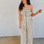 Striped Woven Jumpsuit - Taupe/Black - Lace and Grace Boutique