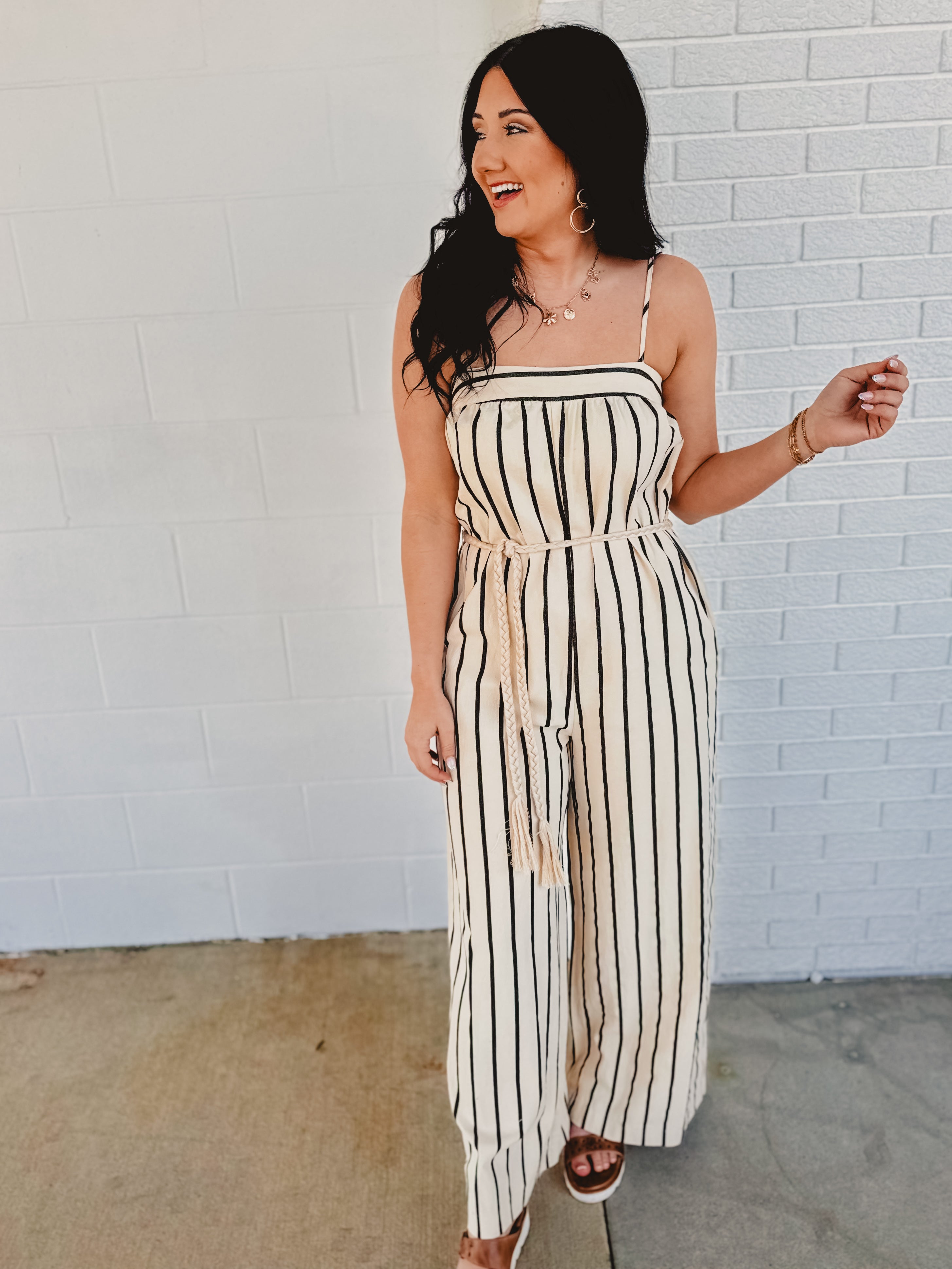 Striped Woven Jumpsuit - Taupe/Black - Lace and Grace Boutique