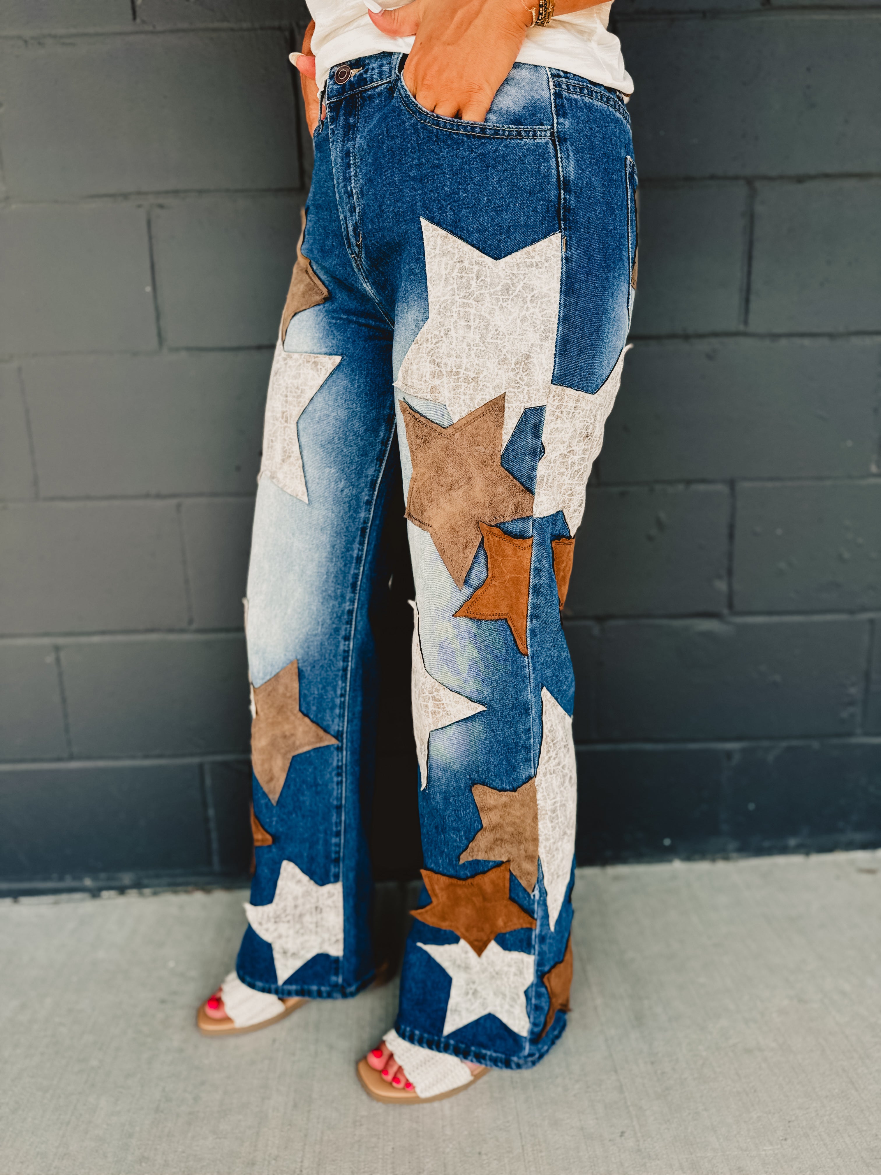 Oli & Hali Leather Star Patched Denim Jeans - Lace and Grace Boutique