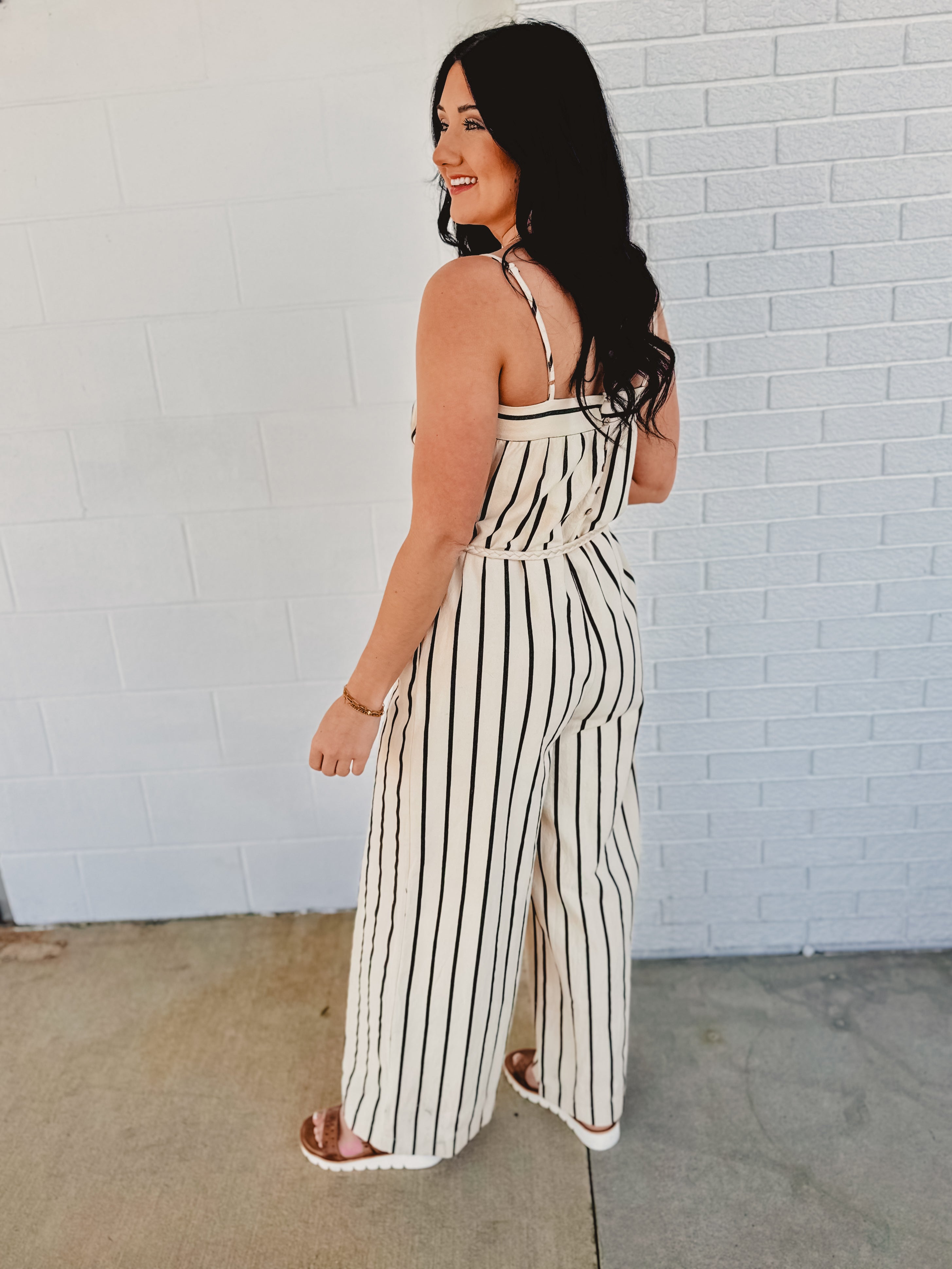 Striped Woven Jumpsuit - Taupe/Black - Lace and Grace Boutique