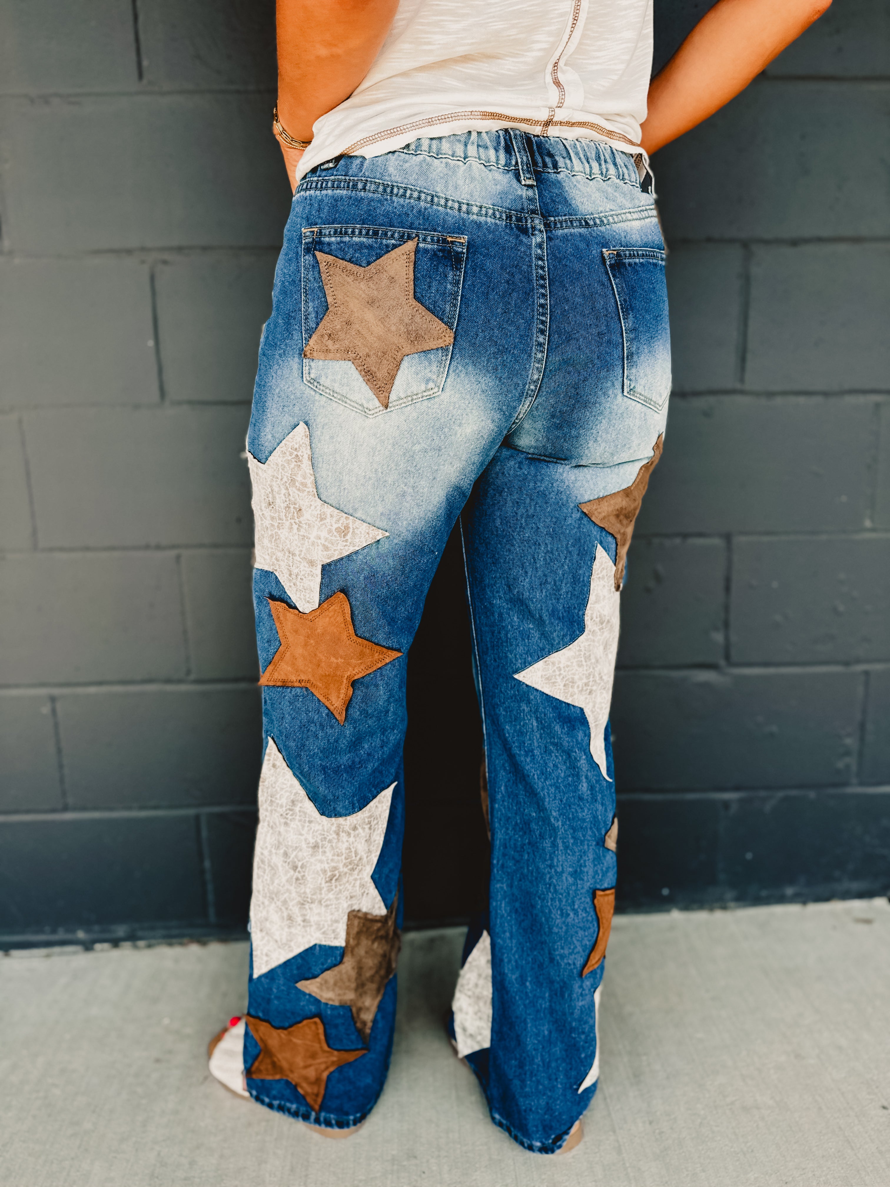 Oli & Hali Leather Star Patched Denim Jeans - Lace and Grace Boutique