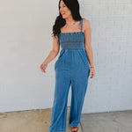 Smocked Denim Jumpsuit - Lace and Grace Boutique