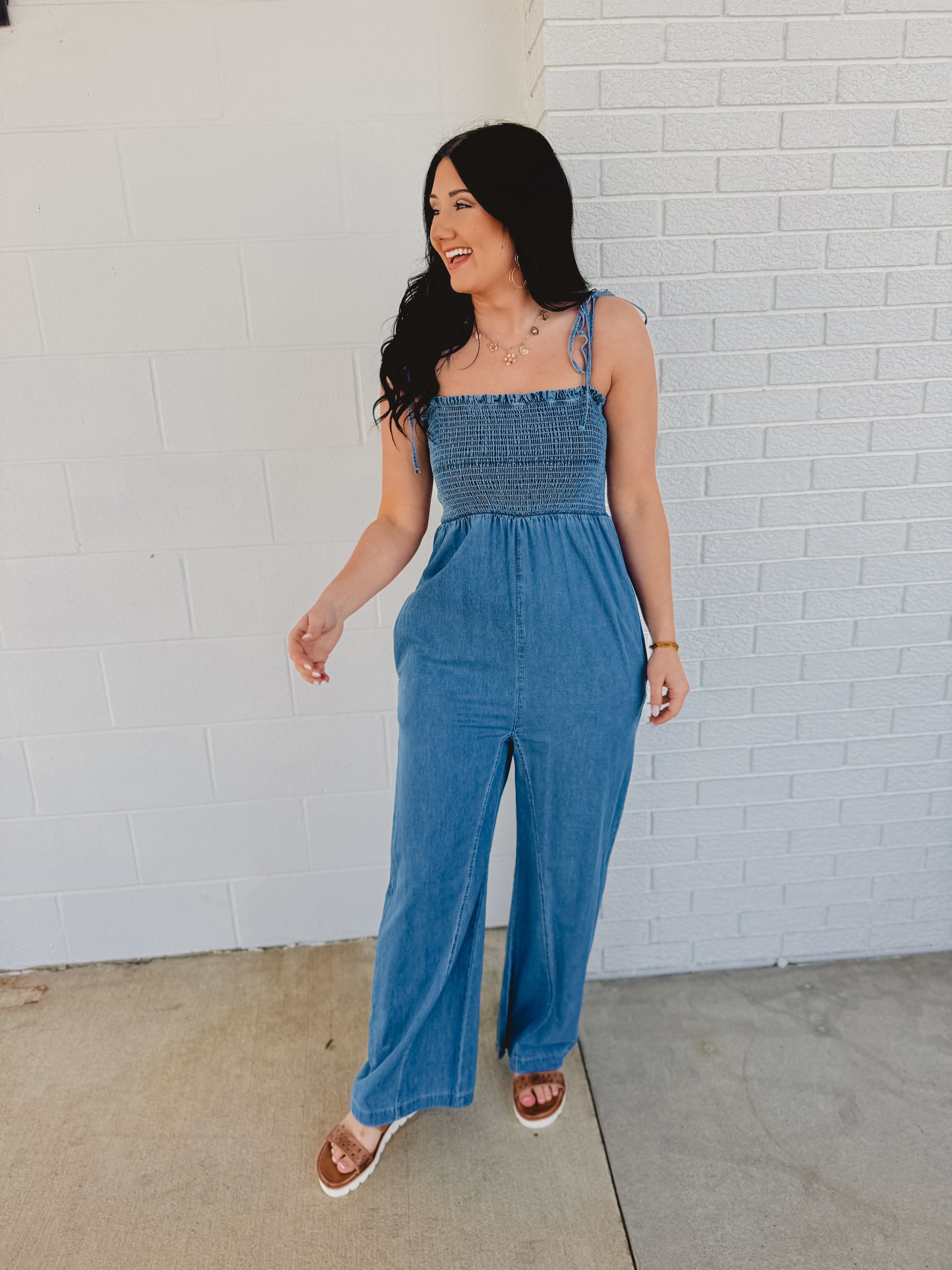 Smocked Denim Jumpsuit - Lace and Grace Boutique