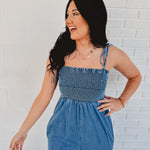 Smocked Denim Jumpsuit - Lace and Grace Boutique