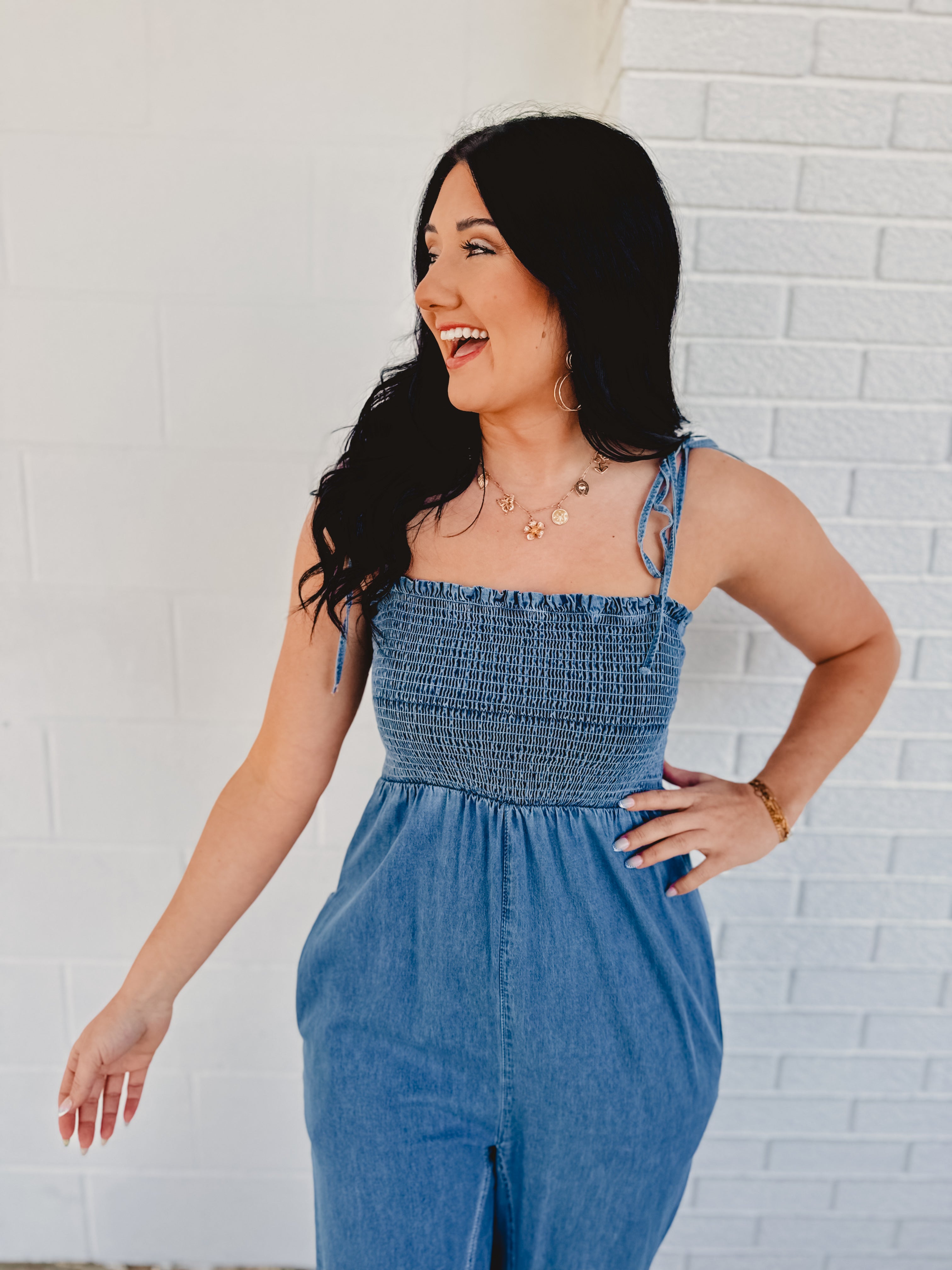 Smocked Denim Jumpsuit - Lace and Grace Boutique