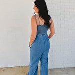 Smocked Denim Jumpsuit - Lace and Grace Boutique