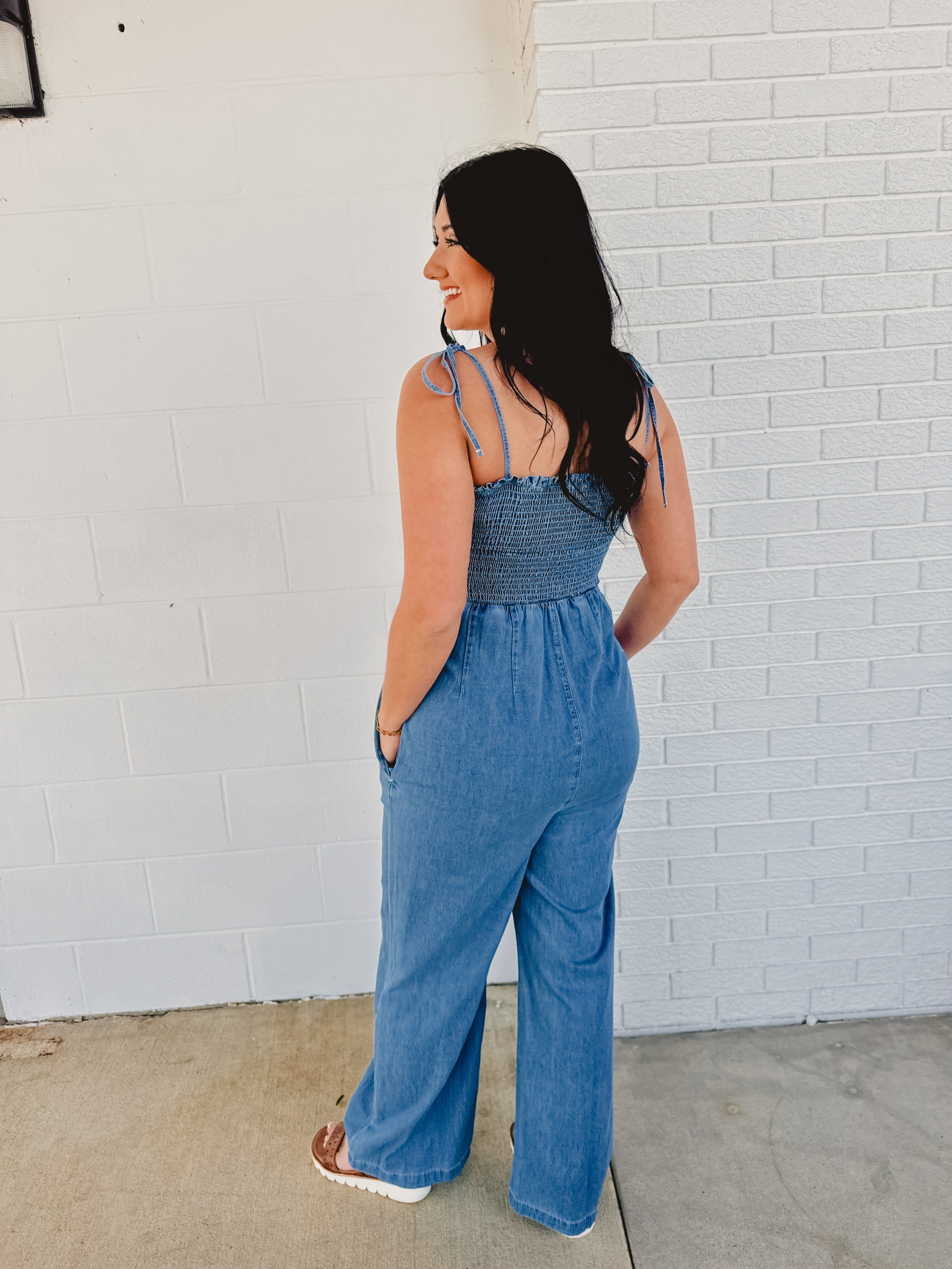 Smocked Denim Jumpsuit - Lace and Grace Boutique