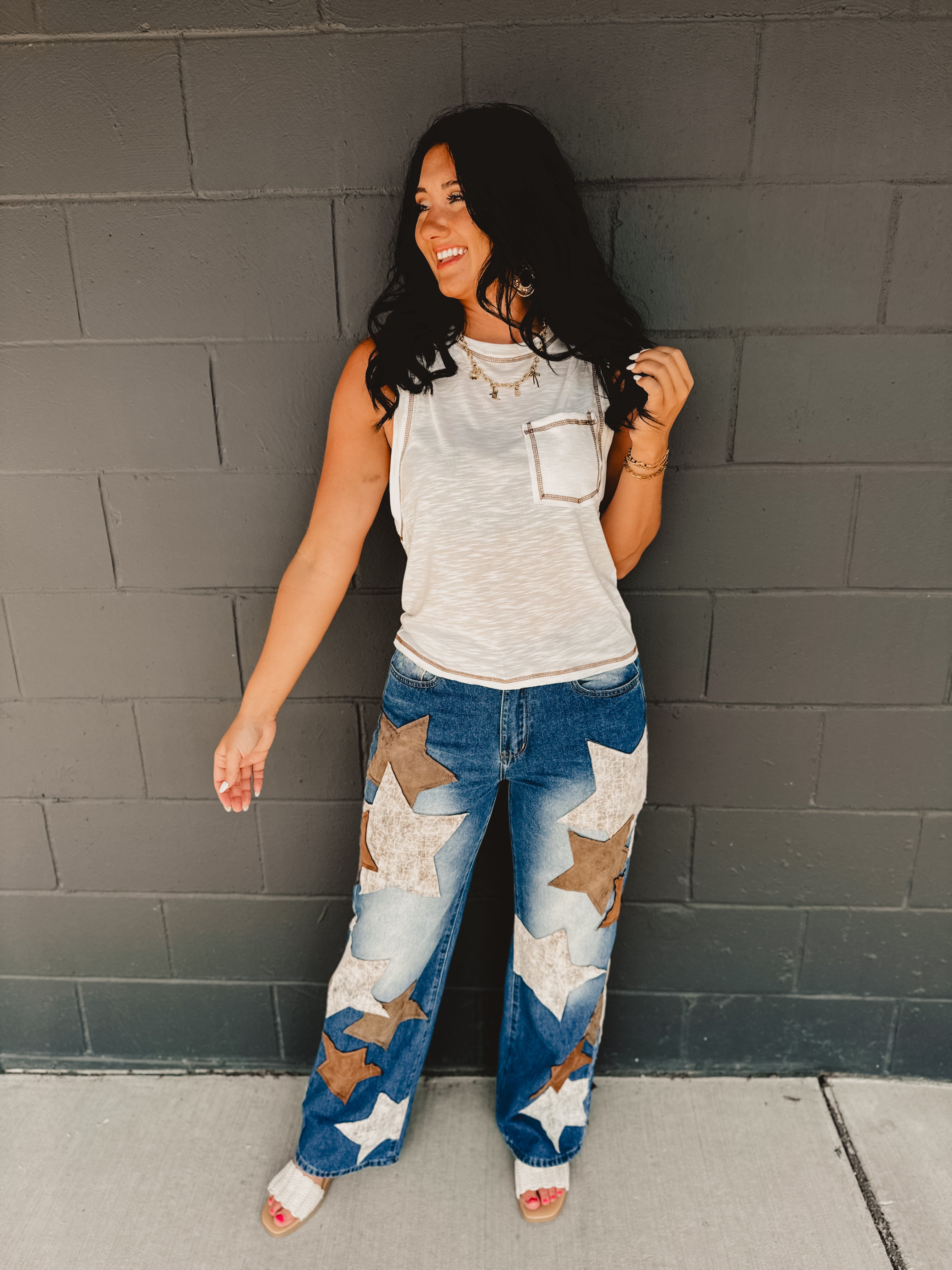 Oli & Hali Leather Star Patched Denim Jeans - Lace and Grace Boutique