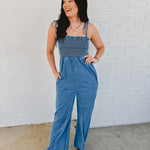 Smocked Denim Jumpsuit - Lace and Grace Boutique