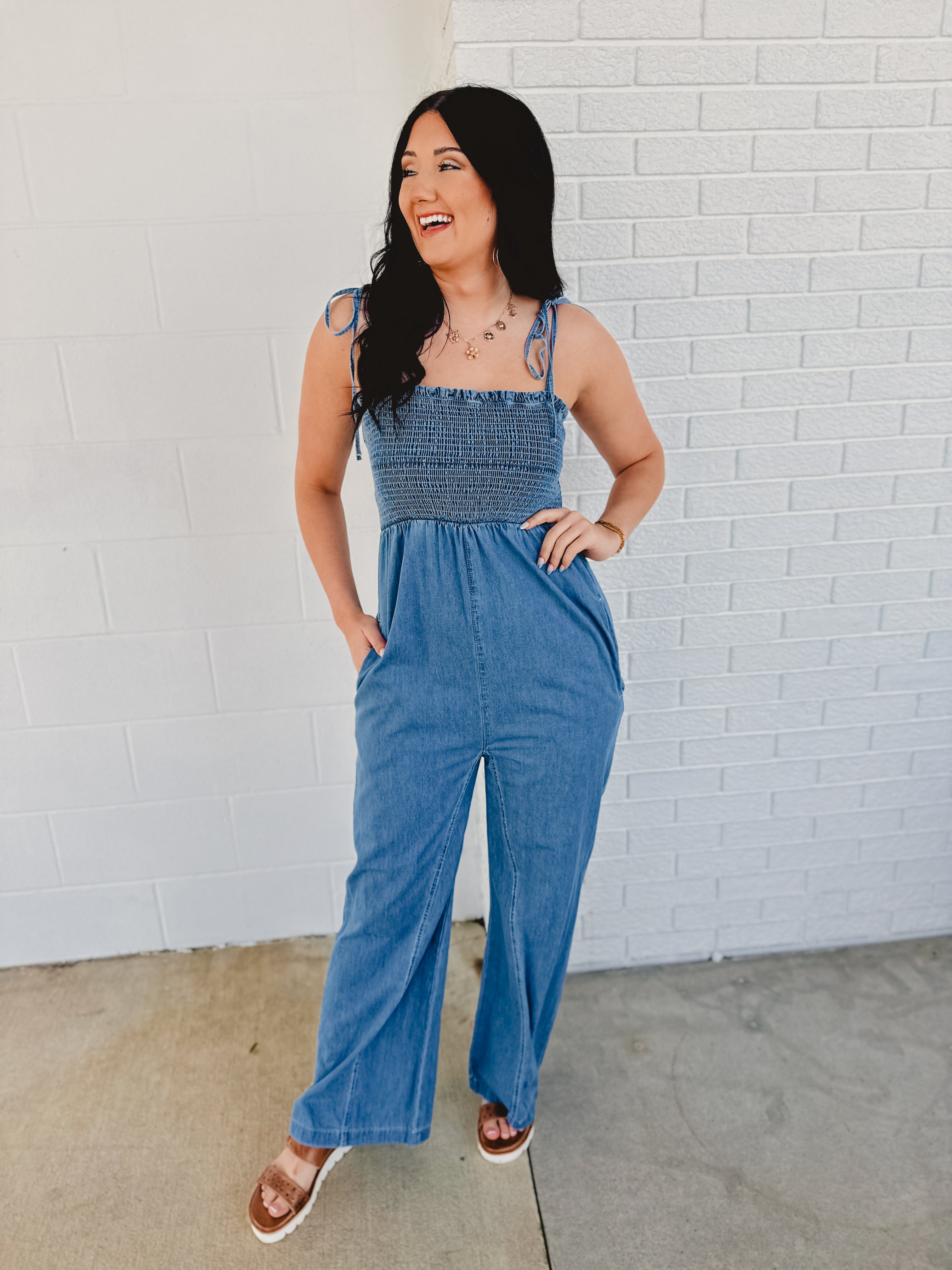 Smocked Denim Jumpsuit - Lace and Grace Boutique