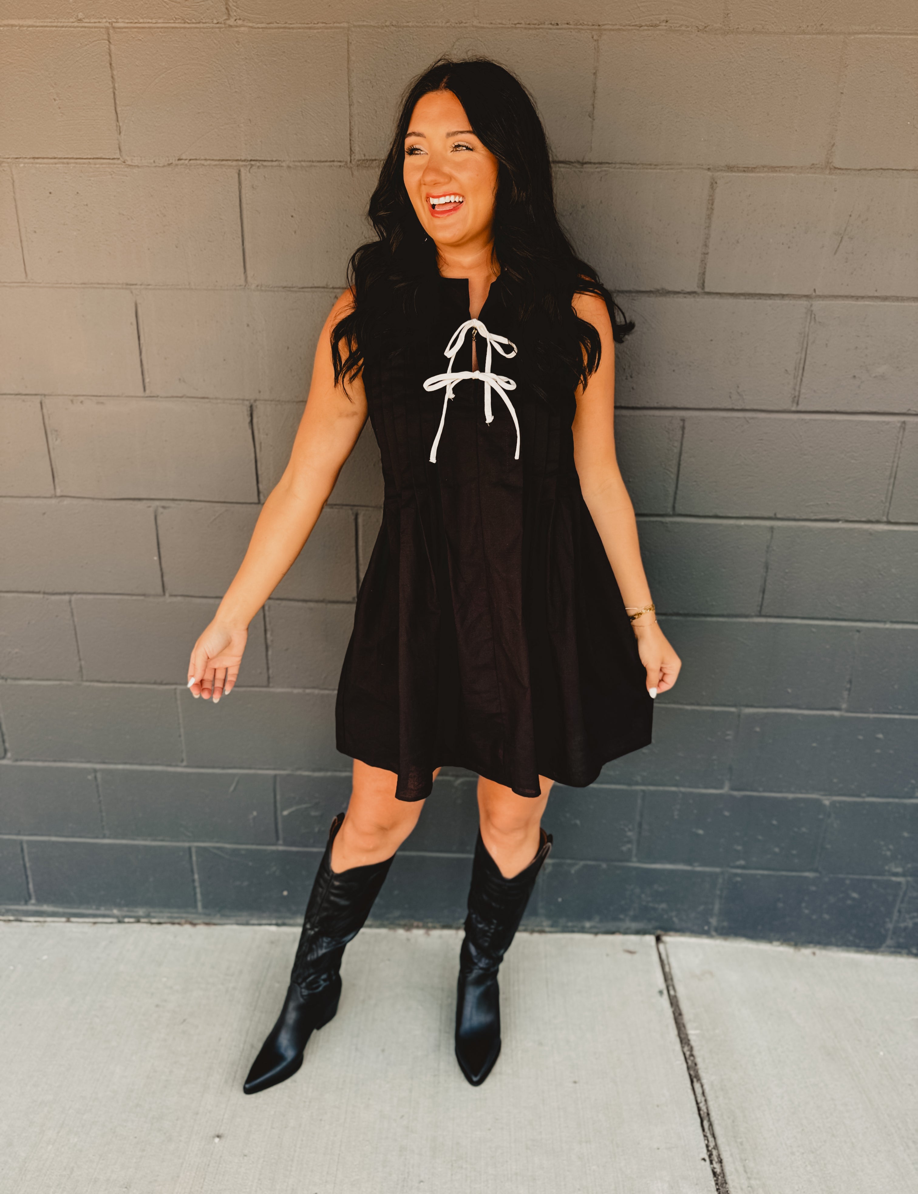 Bow Pleated Mini Dress - Black - Lace and Grace Boutique
