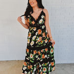 Floral Print Tiered Lace Contrast Maxi Dress - Black - Lace and Grace Boutique