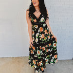 Floral Print Tiered Lace Contrast Maxi Dress - Black - Lace and Grace Boutique