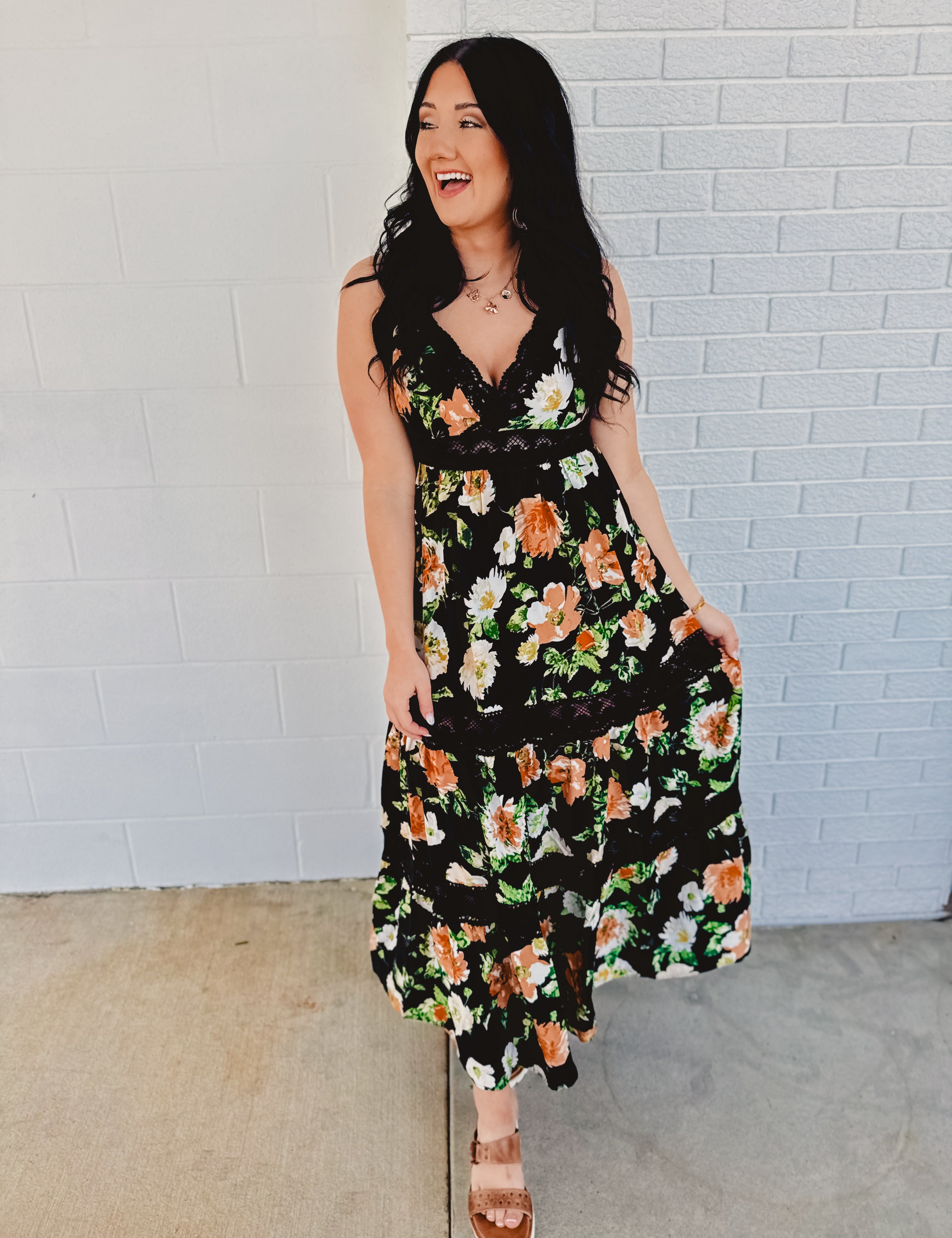 Floral Print Tiered Lace Contrast Maxi Dress - Black - Lace and Grace Boutique