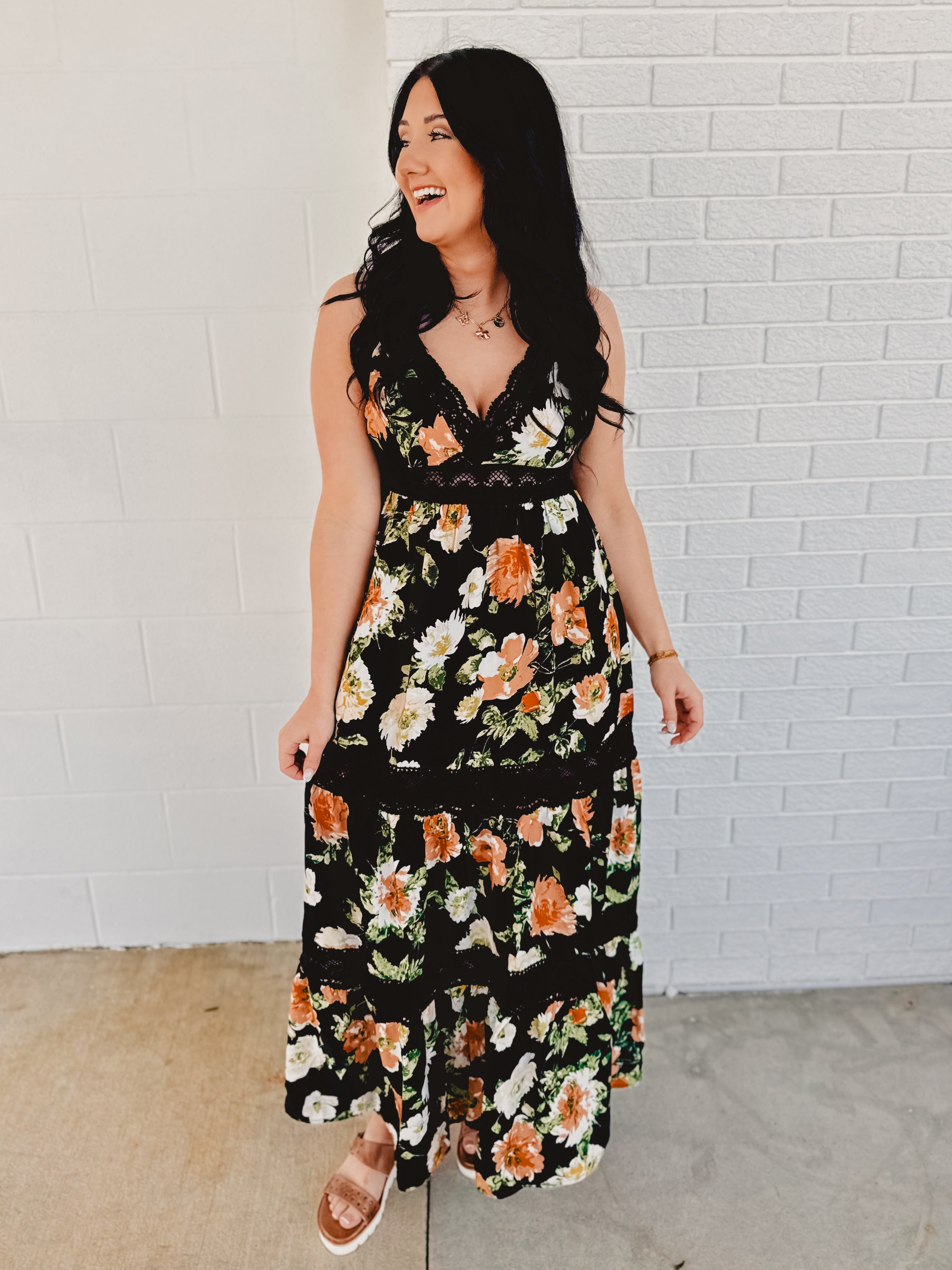 Floral Print Tiered Lace Contrast Maxi Dress - Black - Lace and Grace Boutique
