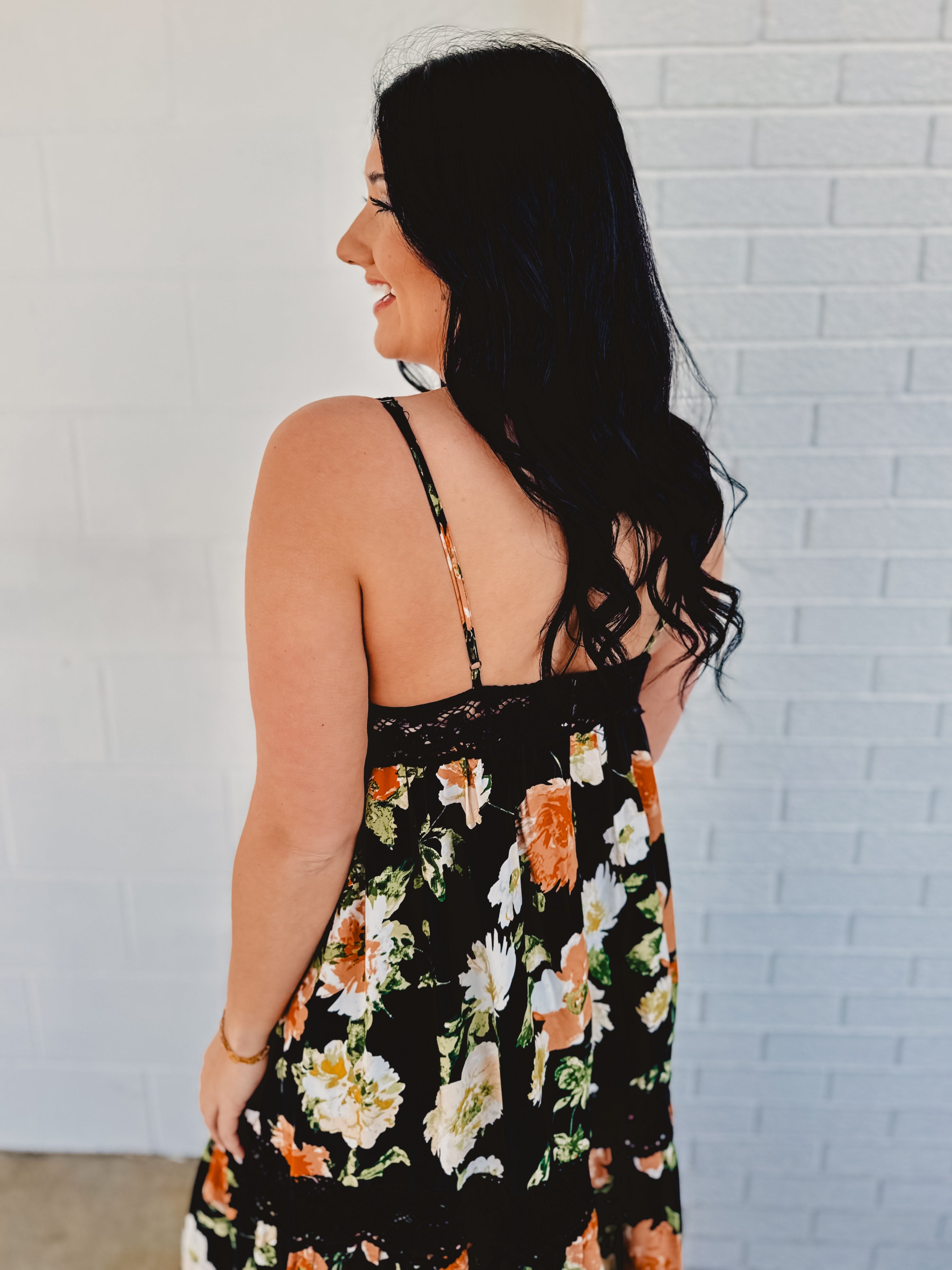 Floral Print Tiered Lace Contrast Maxi Dress - Black - Lace and Grace Boutique