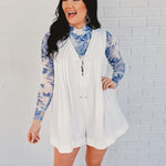 Nashville Nights Pleated Denim Romper - White - Lace and Grace Boutique
