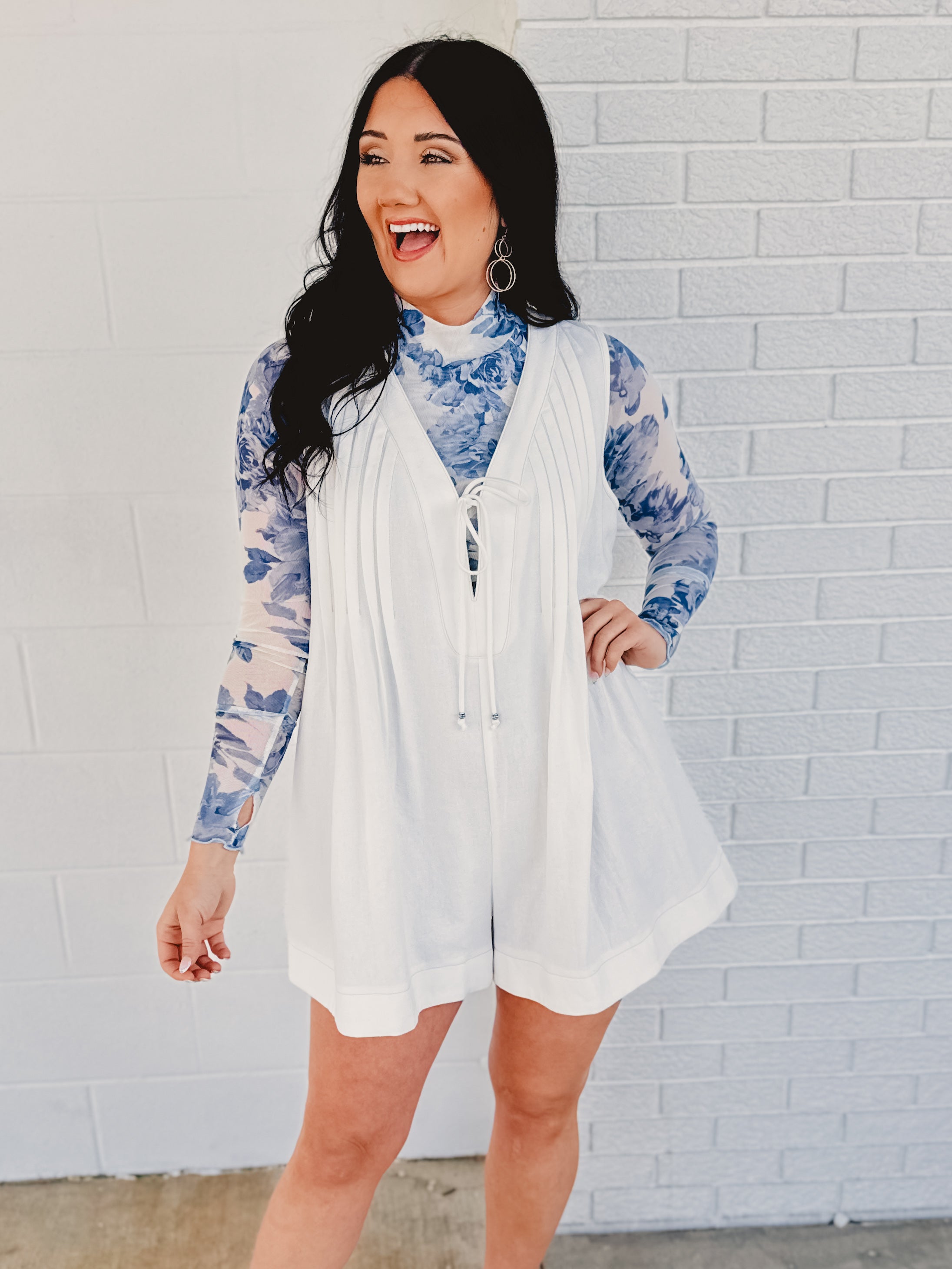 Nashville Nights Pleated Denim Romper - White - Lace and Grace Boutique