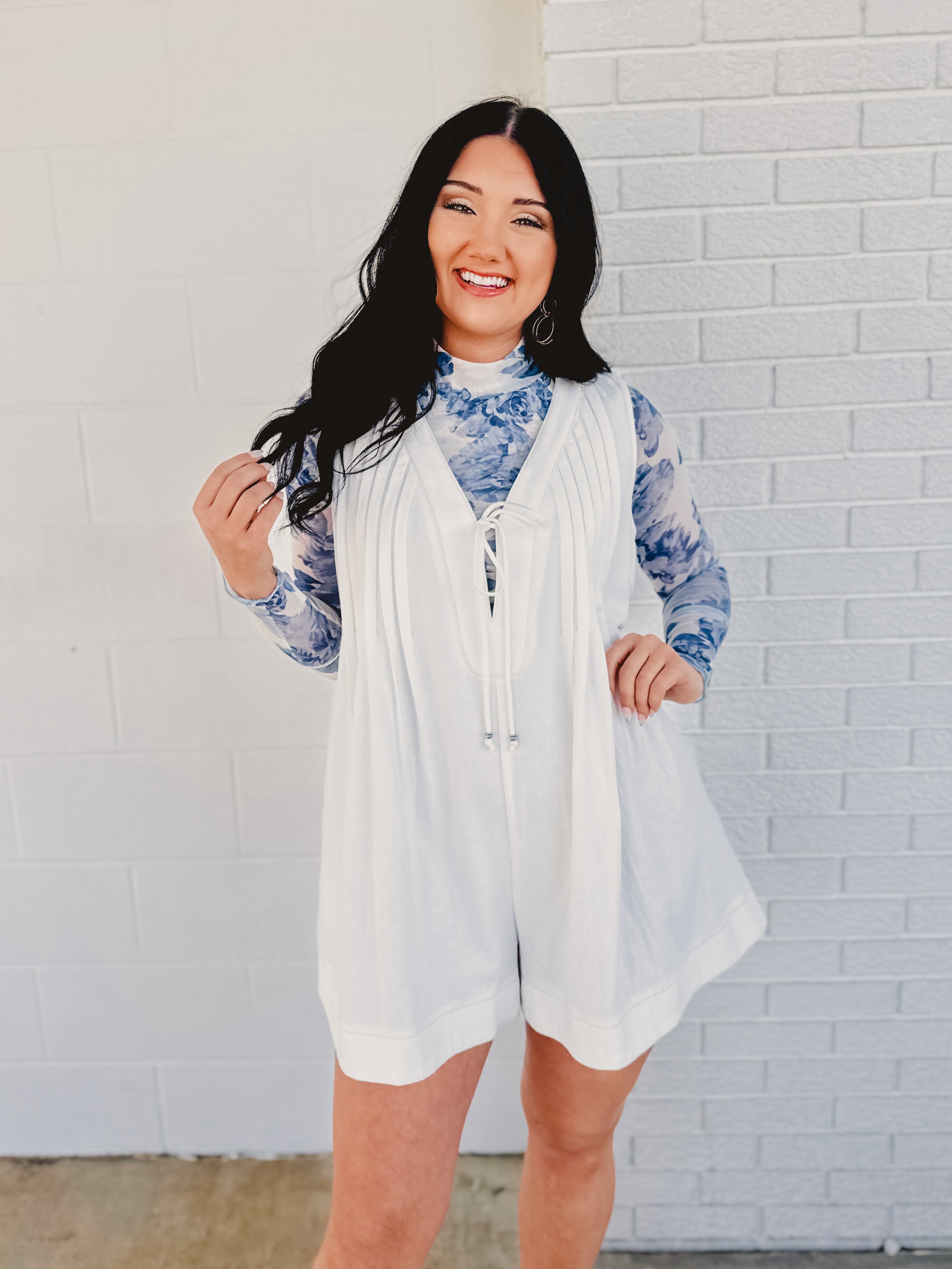 Nashville Nights Pleated Denim Romper - White - Lace and Grace Boutique