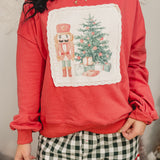 Christmas Corduroy Patch Lace Detail Sweatshirt - Dark Coral