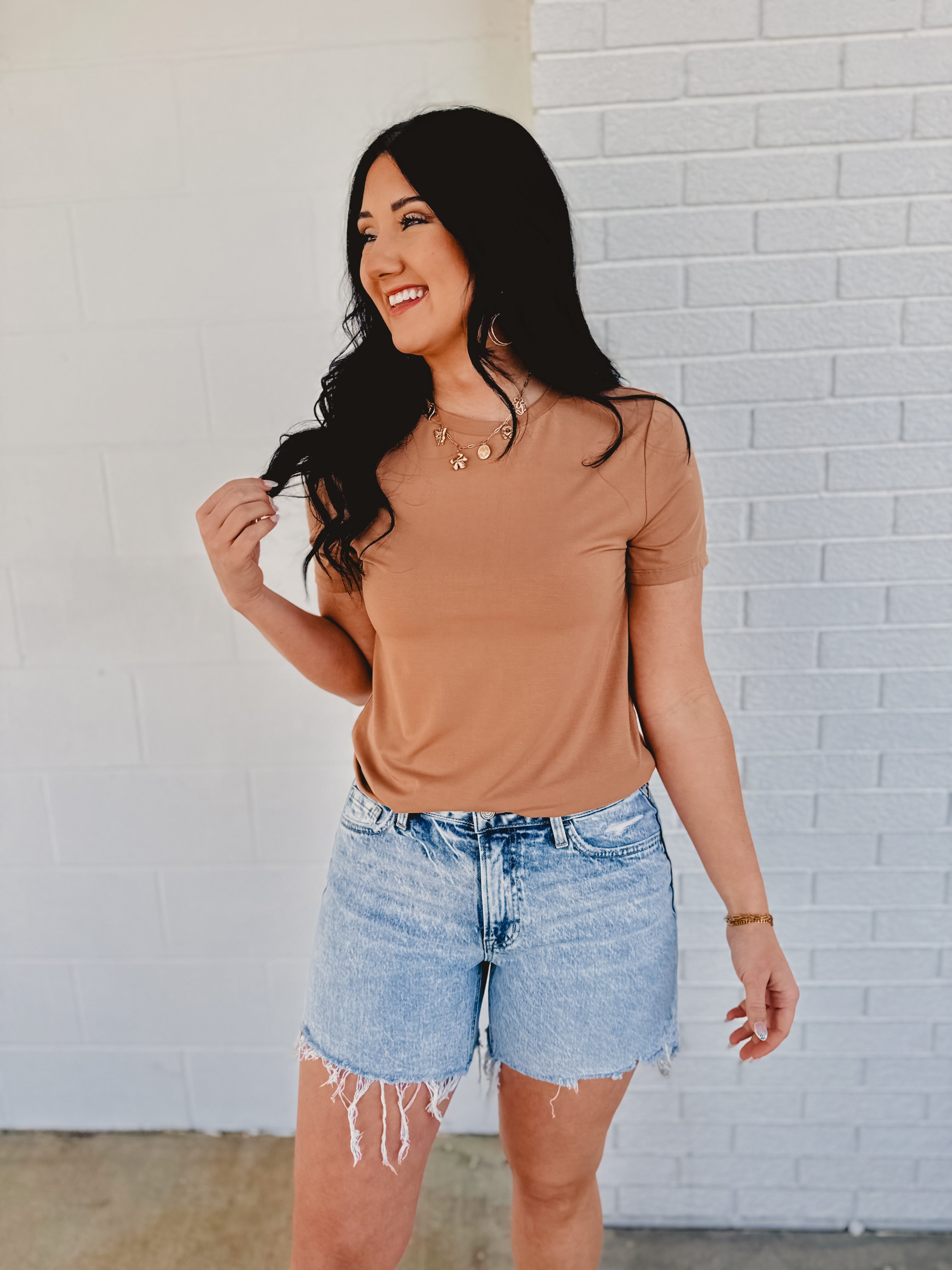 Sensible High Rise Midi Raw Hem Demin Shorts - Light Wash - Lace and Grace Boutique