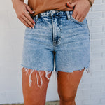 Sensible High Rise Midi Raw Hem Demin Shorts - Light Wash - Lace and Grace Boutique