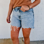 Sensible High Rise Midi Raw Hem Demin Shorts - Light Wash - Lace and Grace Boutique