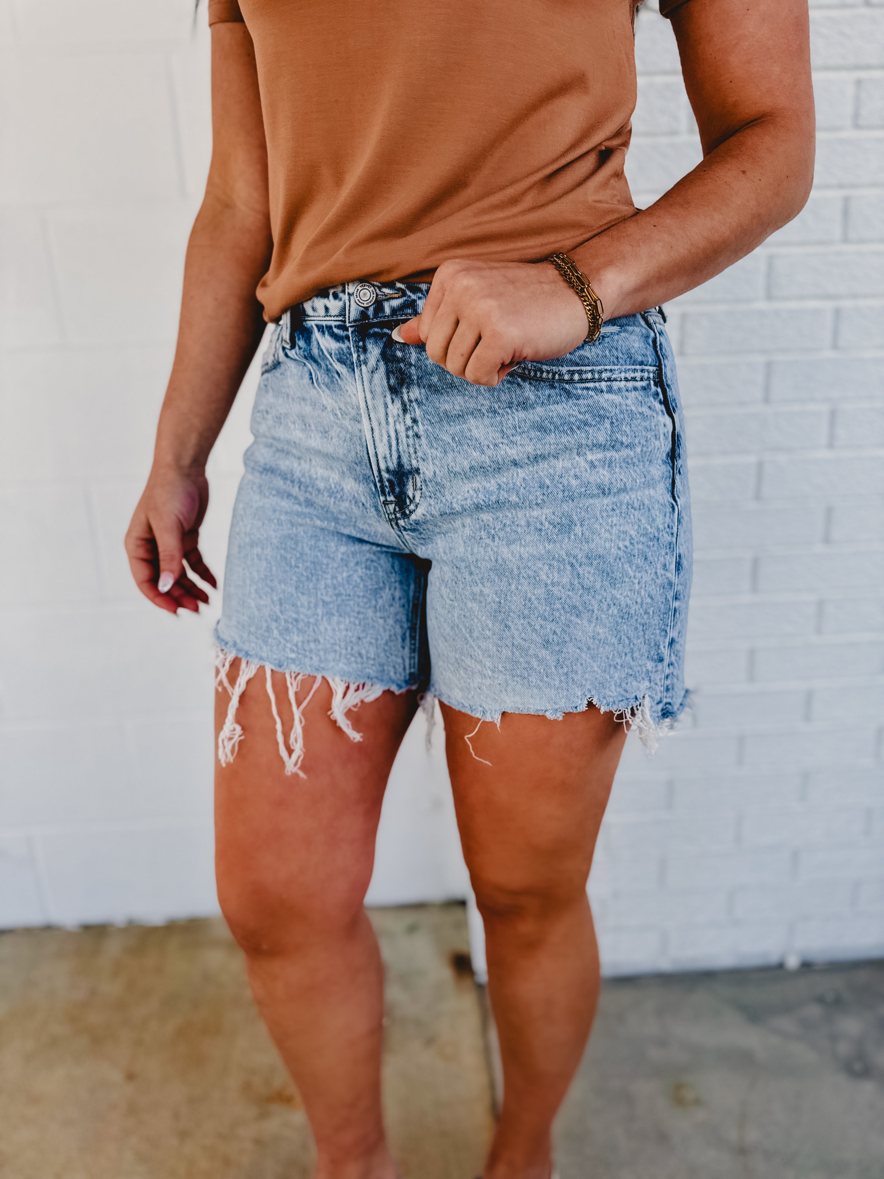 Sensible High Rise Midi Raw Hem Demin Shorts - Light Wash - Lace and Grace Boutique