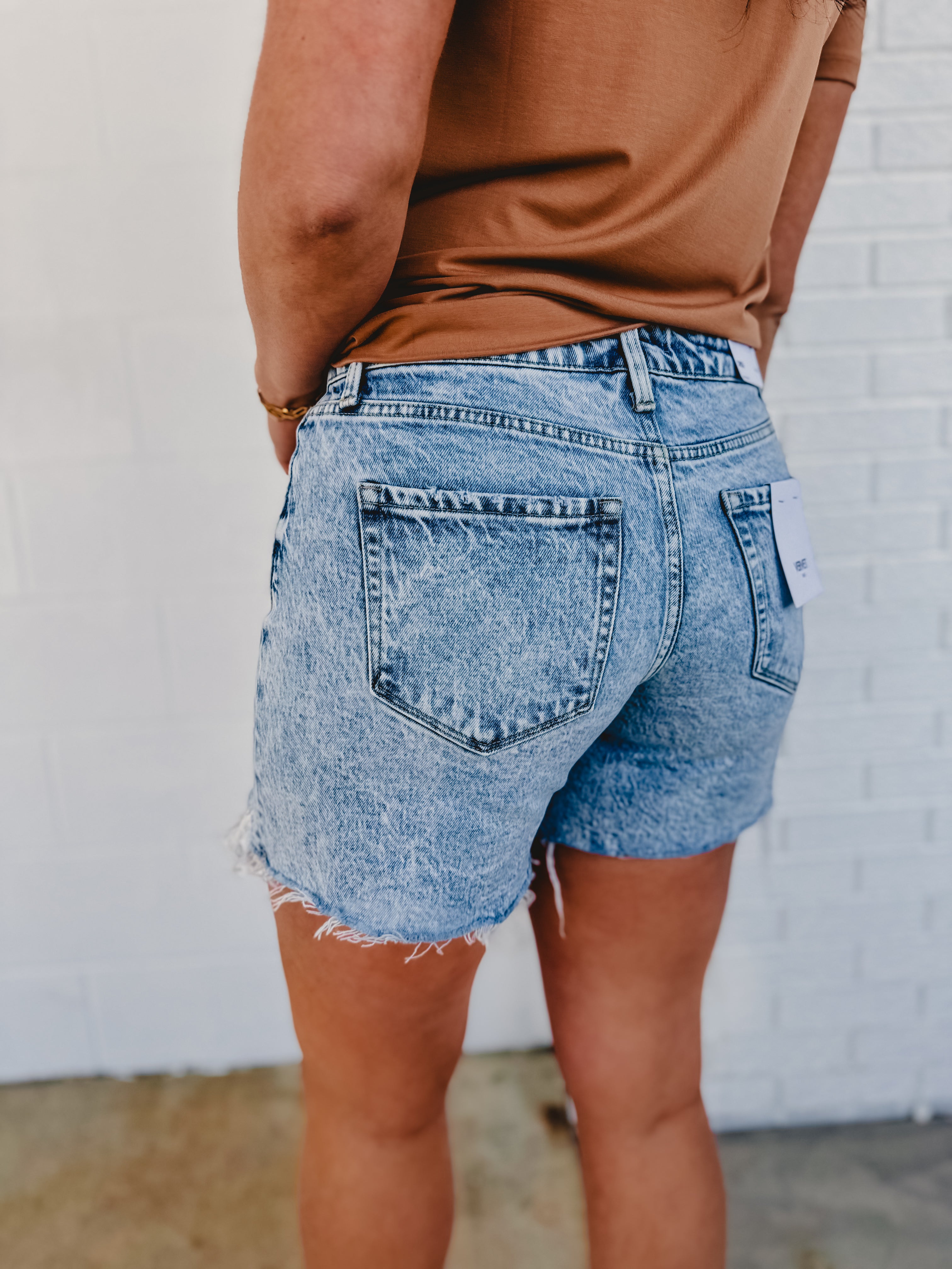 Sensible High Rise Midi Raw Hem Demin Shorts - Light Wash - Lace and Grace Boutique