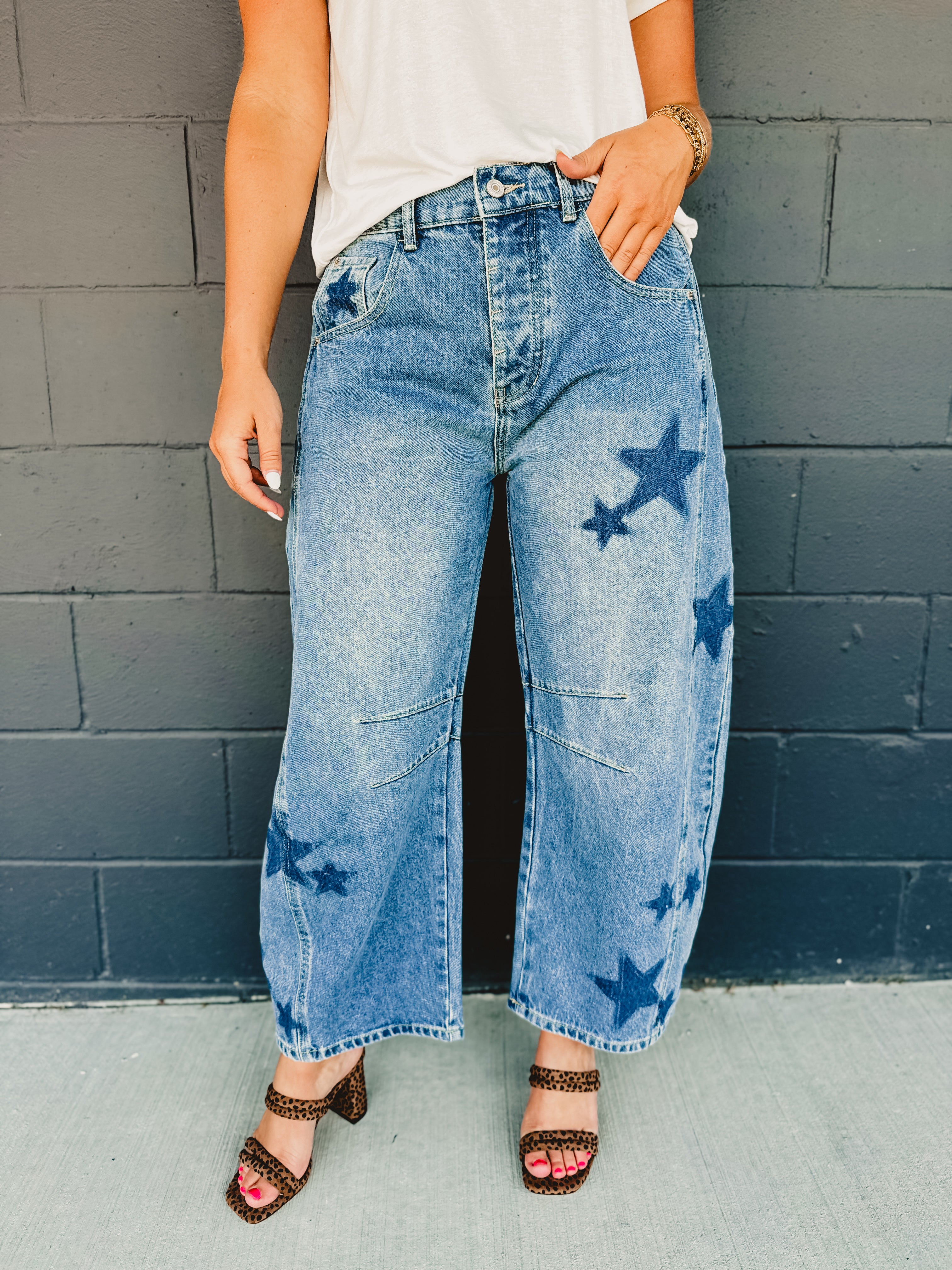 Star Printed Washed Barrel Jeans - Dark Denim - Lace and Grace Boutique