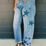 Star Printed Washed Barrel Jeans - Dark Denim - Lace and Grace Boutique