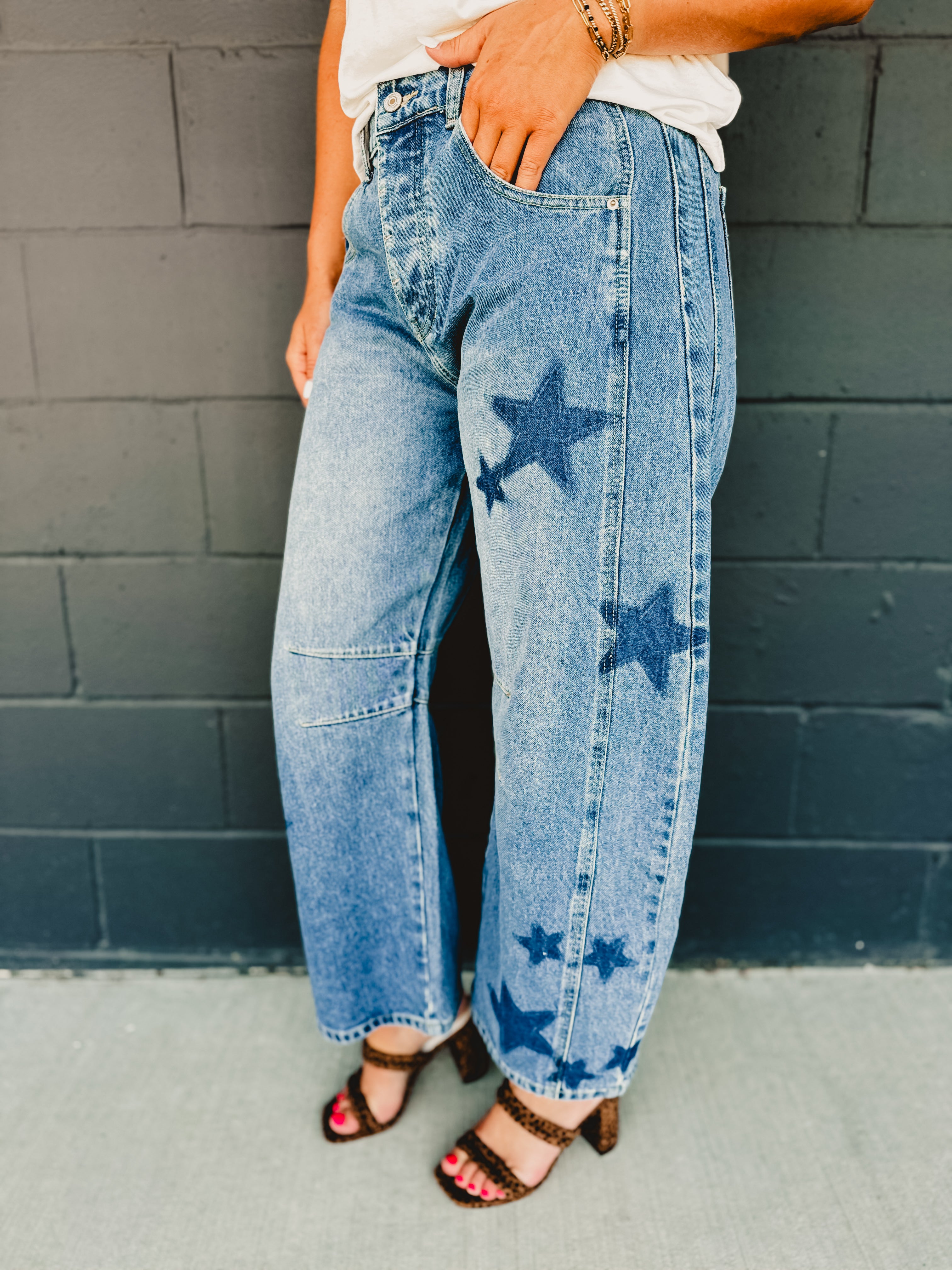 Star Printed Washed Barrel Jeans - Dark Denim - Lace and Grace Boutique