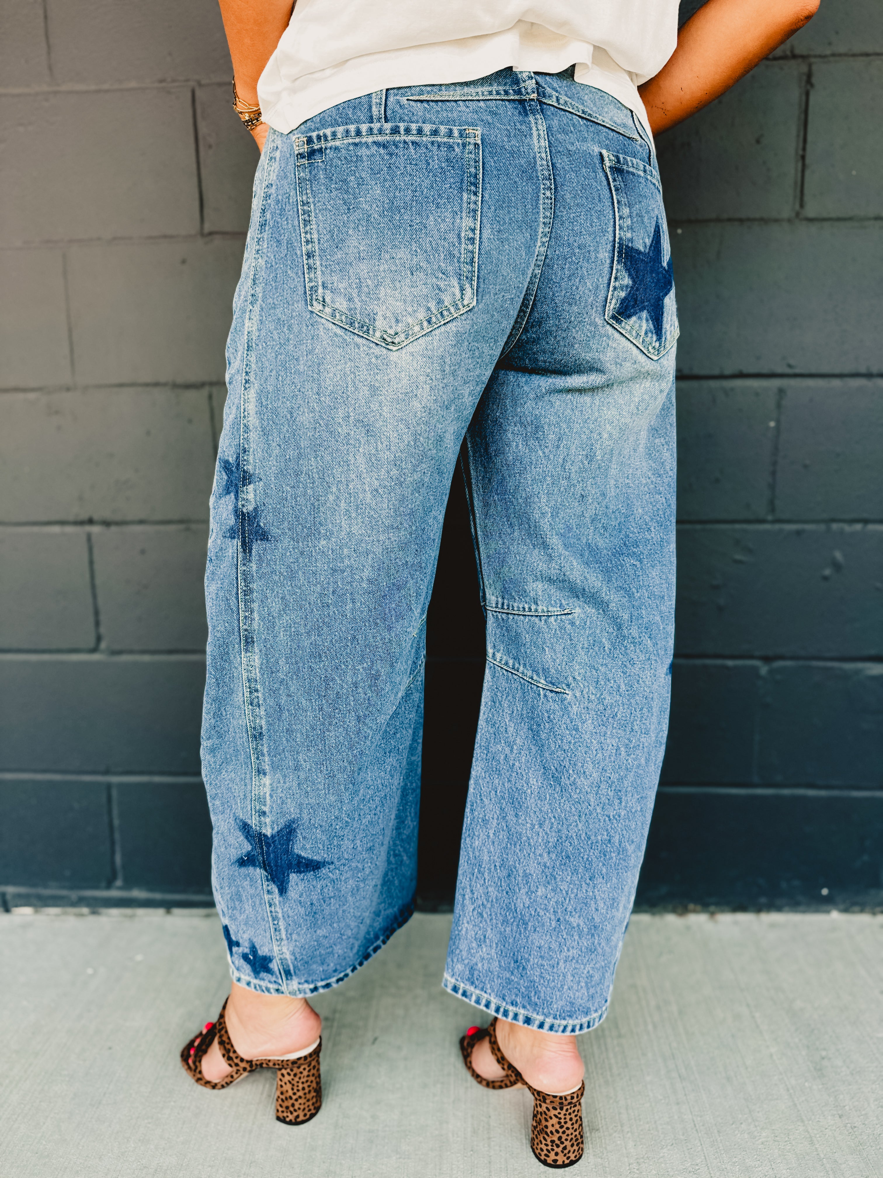 Star Printed Washed Barrel Jeans - Dark Denim - Lace and Grace Boutique