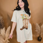 Western Boot Graphic T-Shirt Dress - Natural - Lace and Grace Boutique