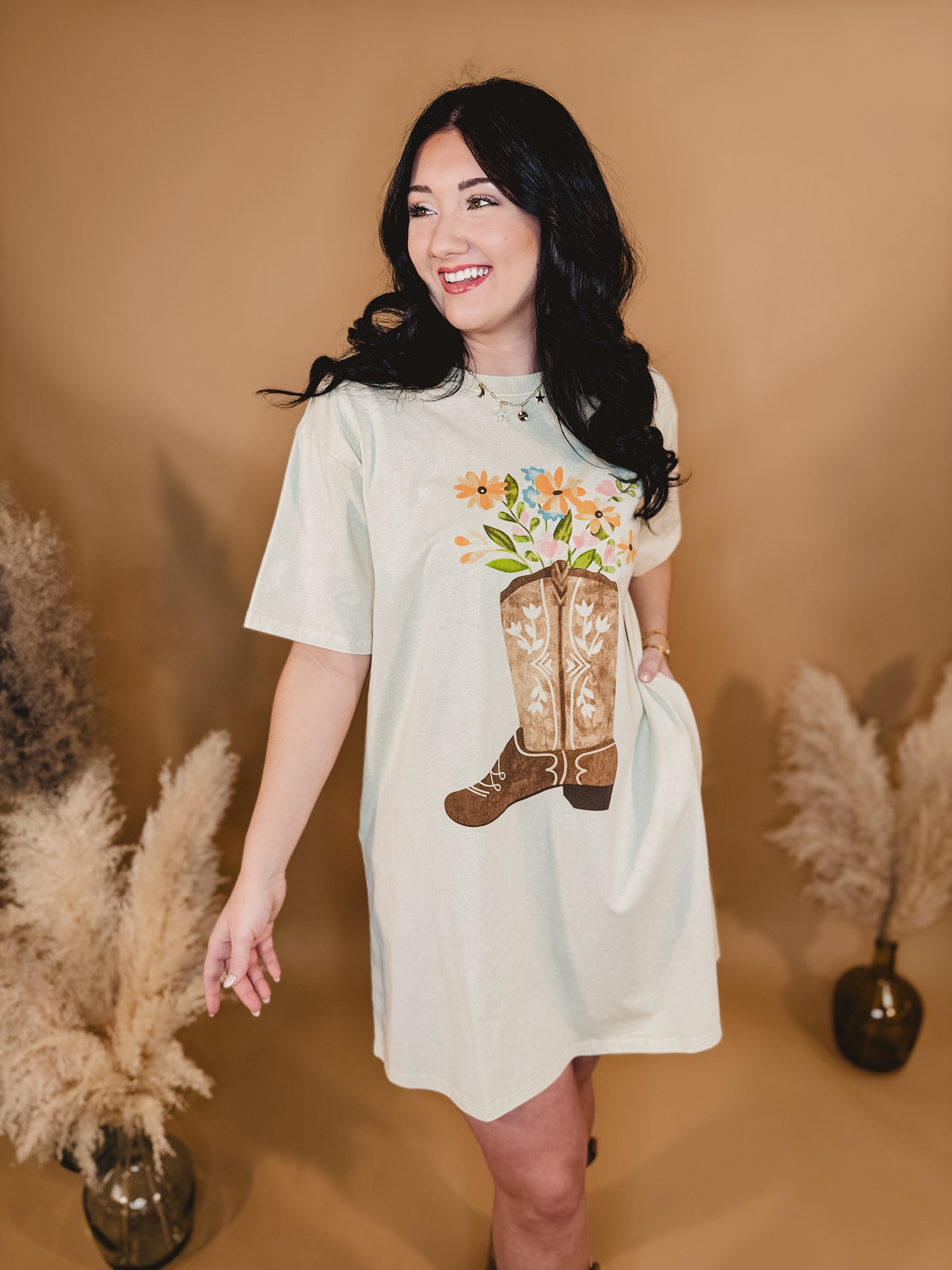 Western Boot Graphic T-Shirt Dress - Natural - Lace and Grace Boutique