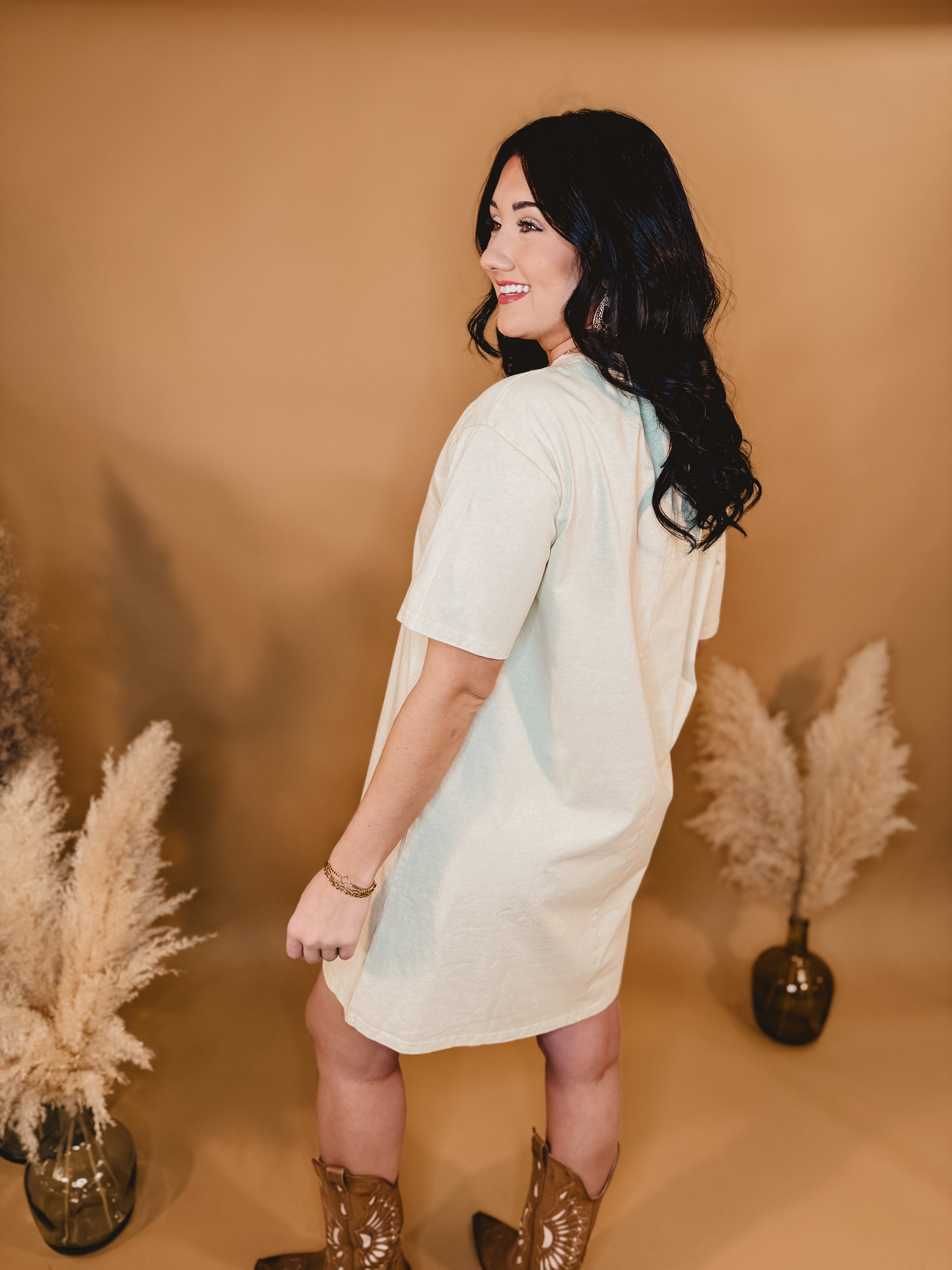 Western Boot Graphic T-Shirt Dress - Natural - Lace and Grace Boutique