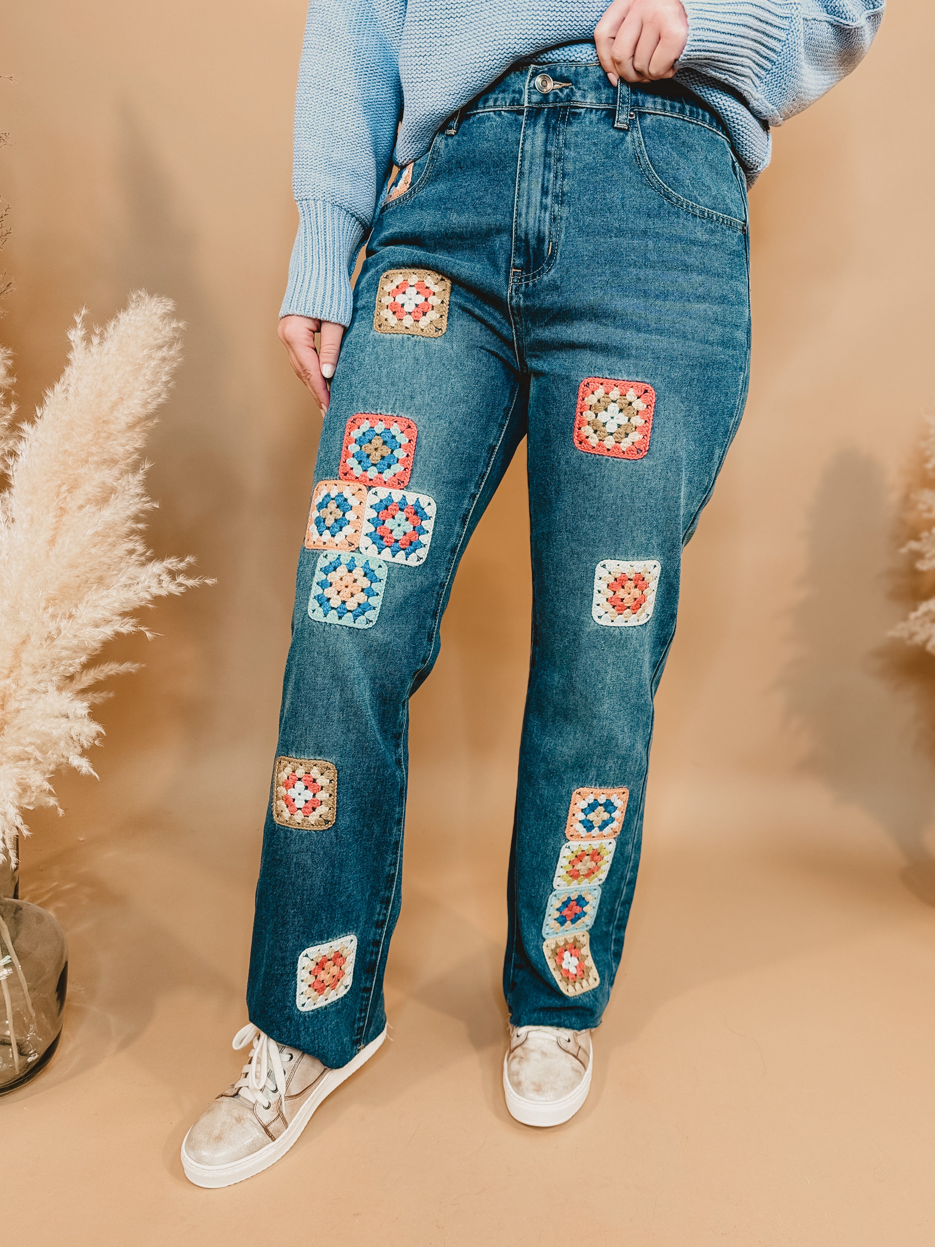 Oli & Hali Crochet Square Patch Washed Jeans - Denim - Lace and Grace Boutique