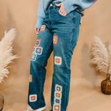 Oli & Hali Crochet Square Patch Washed Jeans - Denim - Lace and Grace Boutique