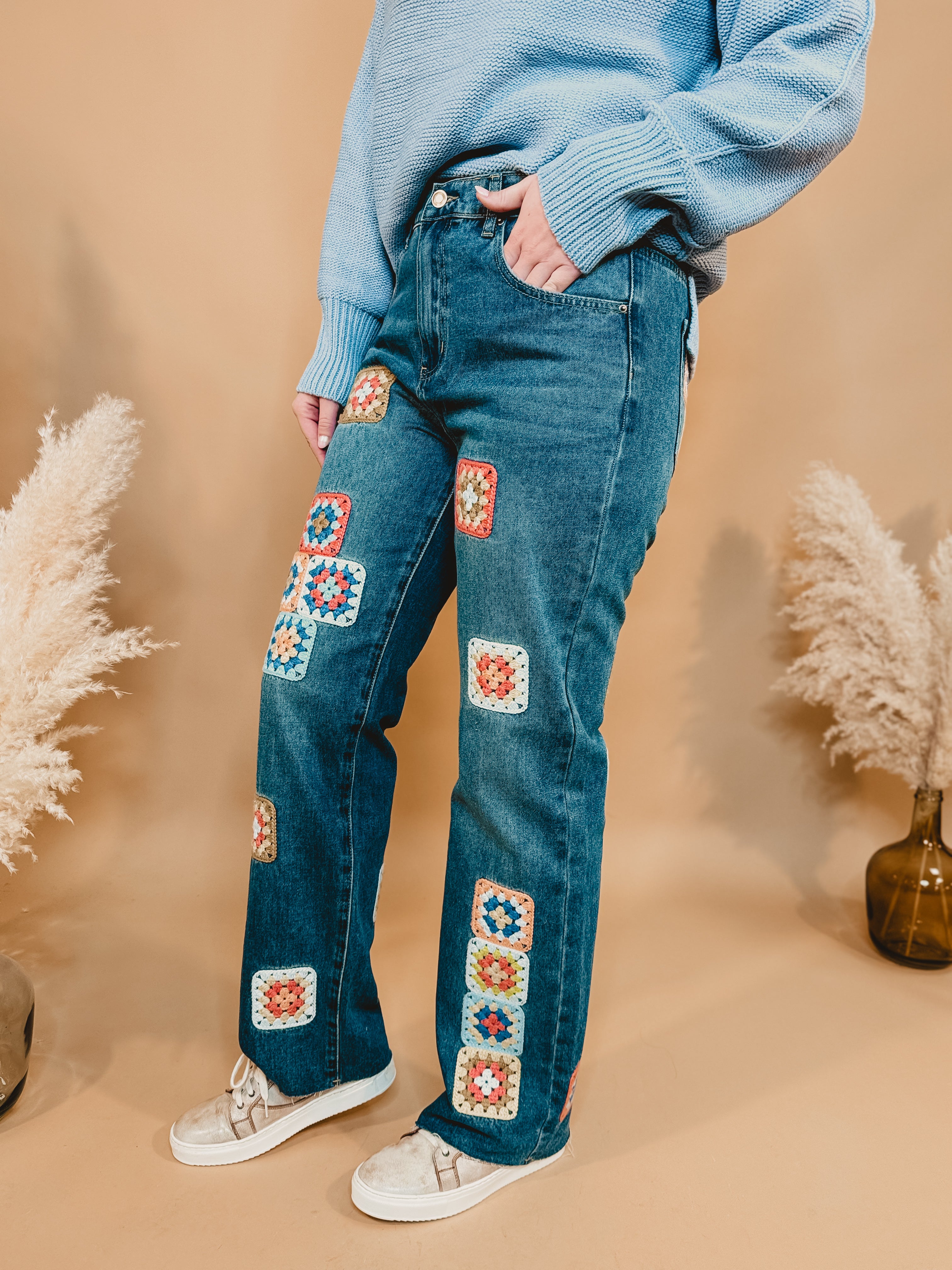 Oli & Hali Crochet Square Patch Washed Jeans - Denim - Lace and Grace Boutique
