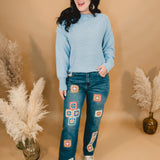 Oli & Hali Crochet Square Patch Washed Jeans - Denim - Lace and Grace Boutique