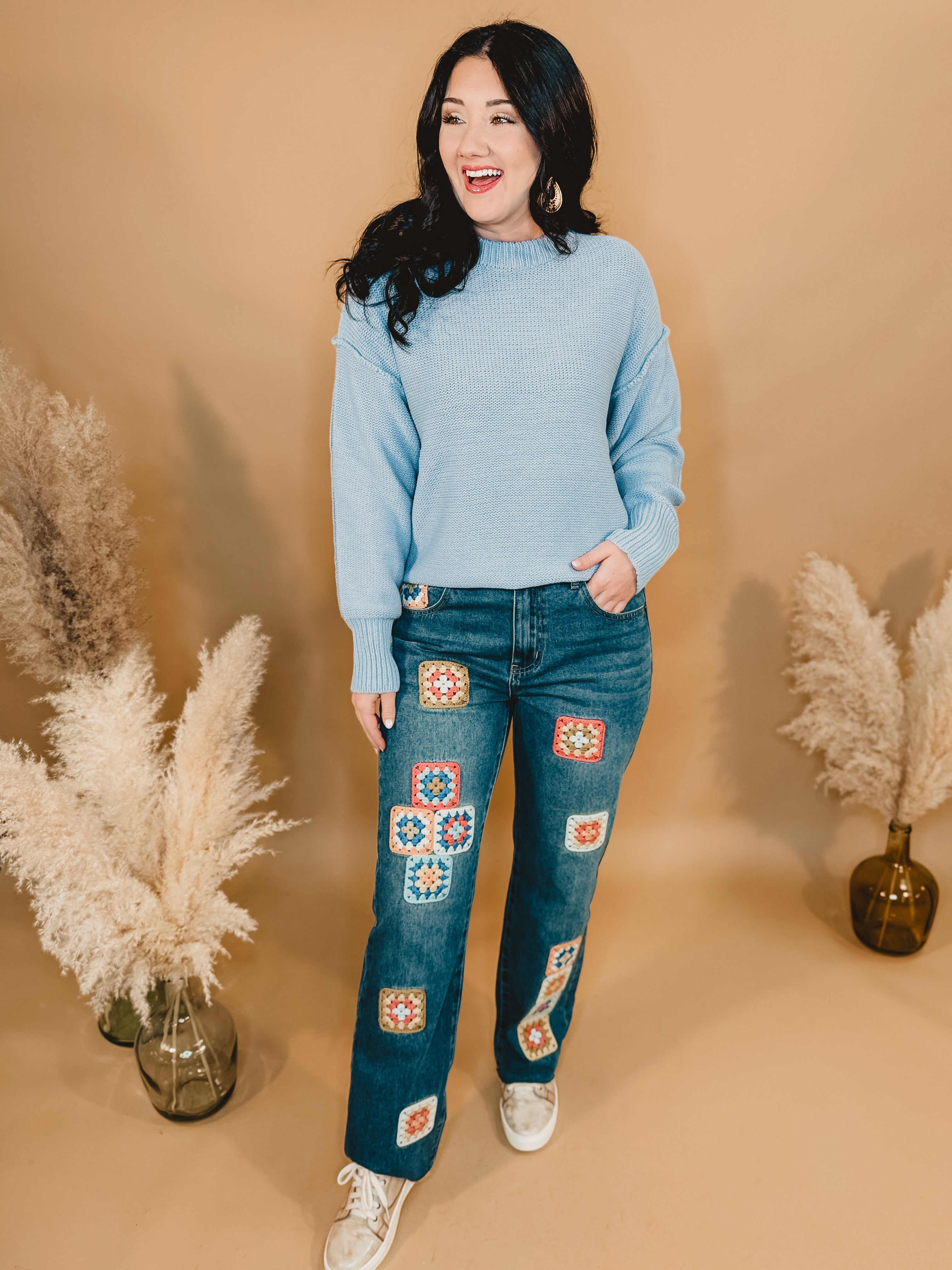 Oli & Hali Crochet Square Patch Washed Jeans - Denim - Lace and Grace Boutique