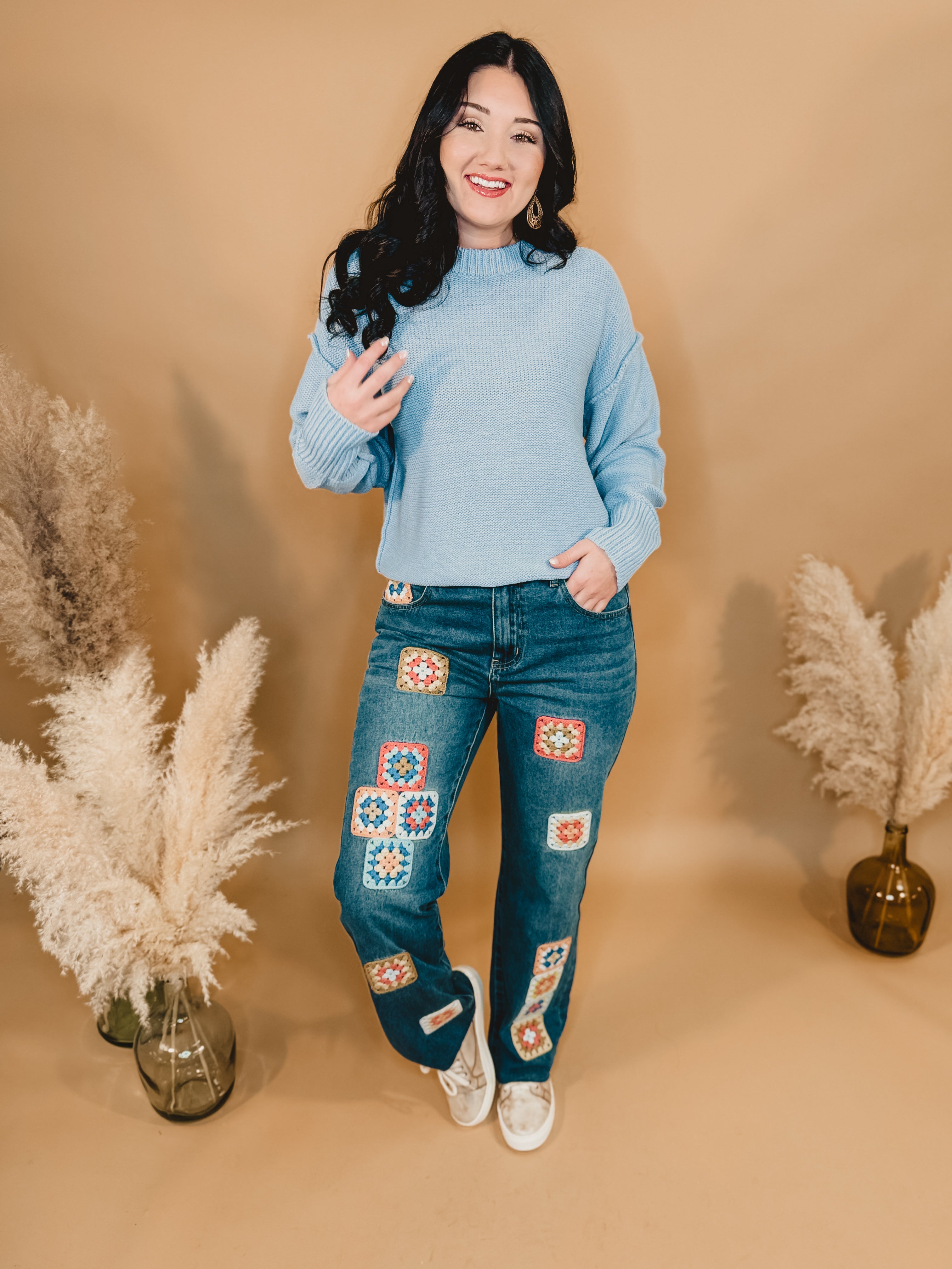 Oli & Hali Crochet Square Patch Washed Jeans - Denim - Lace and Grace Boutique