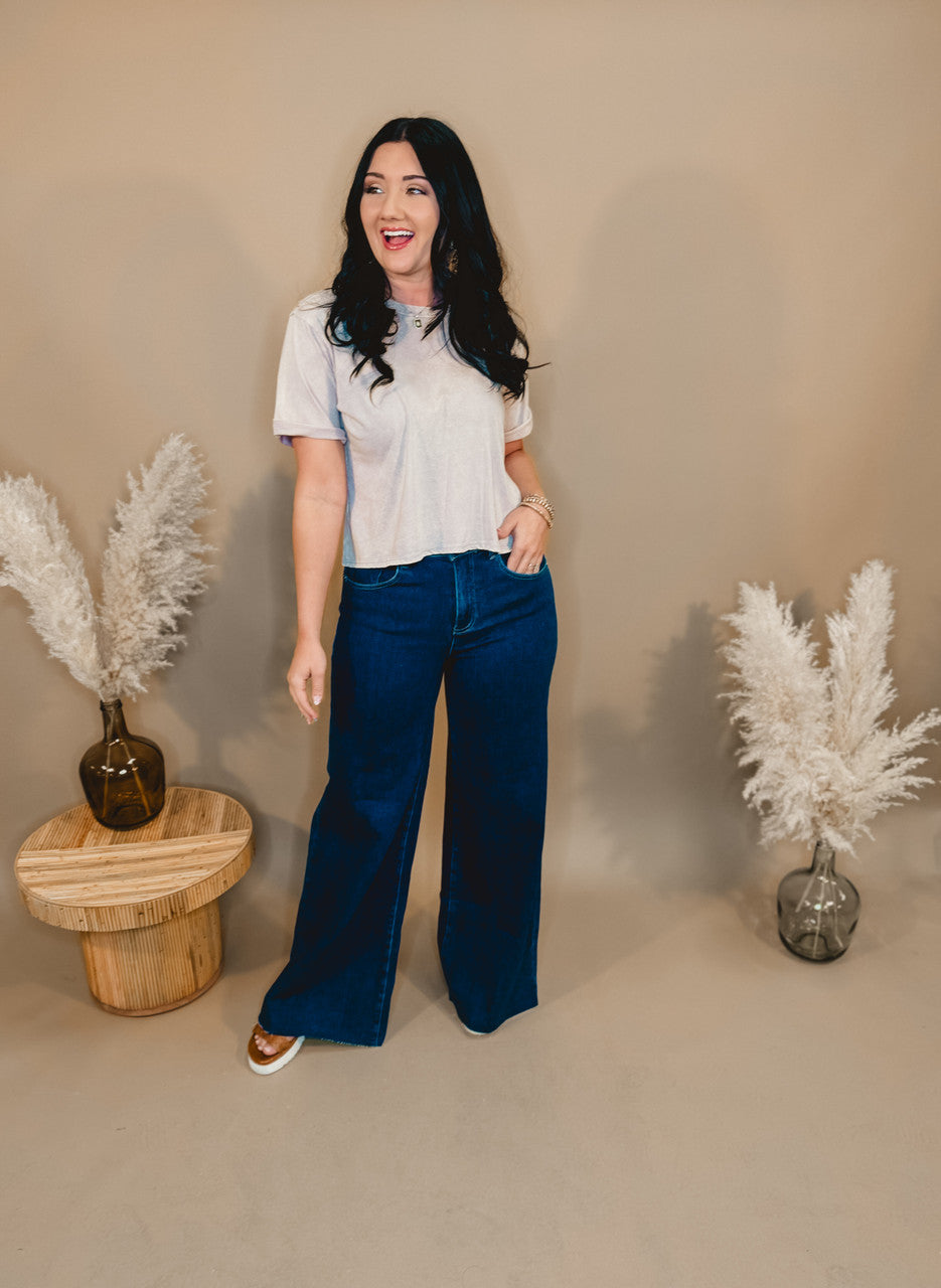 Jessie High Rise Wide Leg Palazzo Risen Jeans - Dark - Lace and Grace Boutique