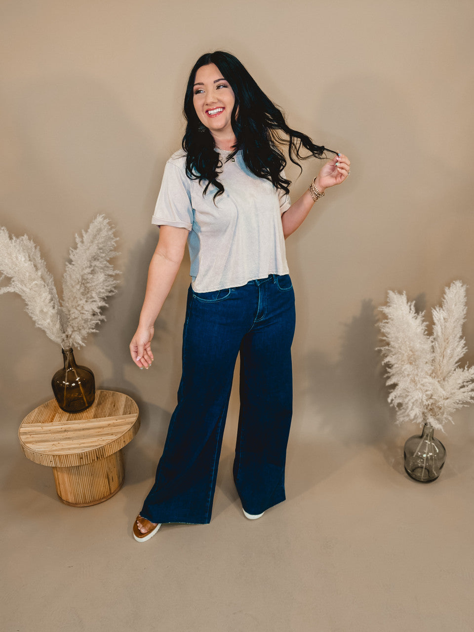 Jessie High Rise Wide Leg Palazzo Risen Jeans - Dark - Lace and Grace Boutique