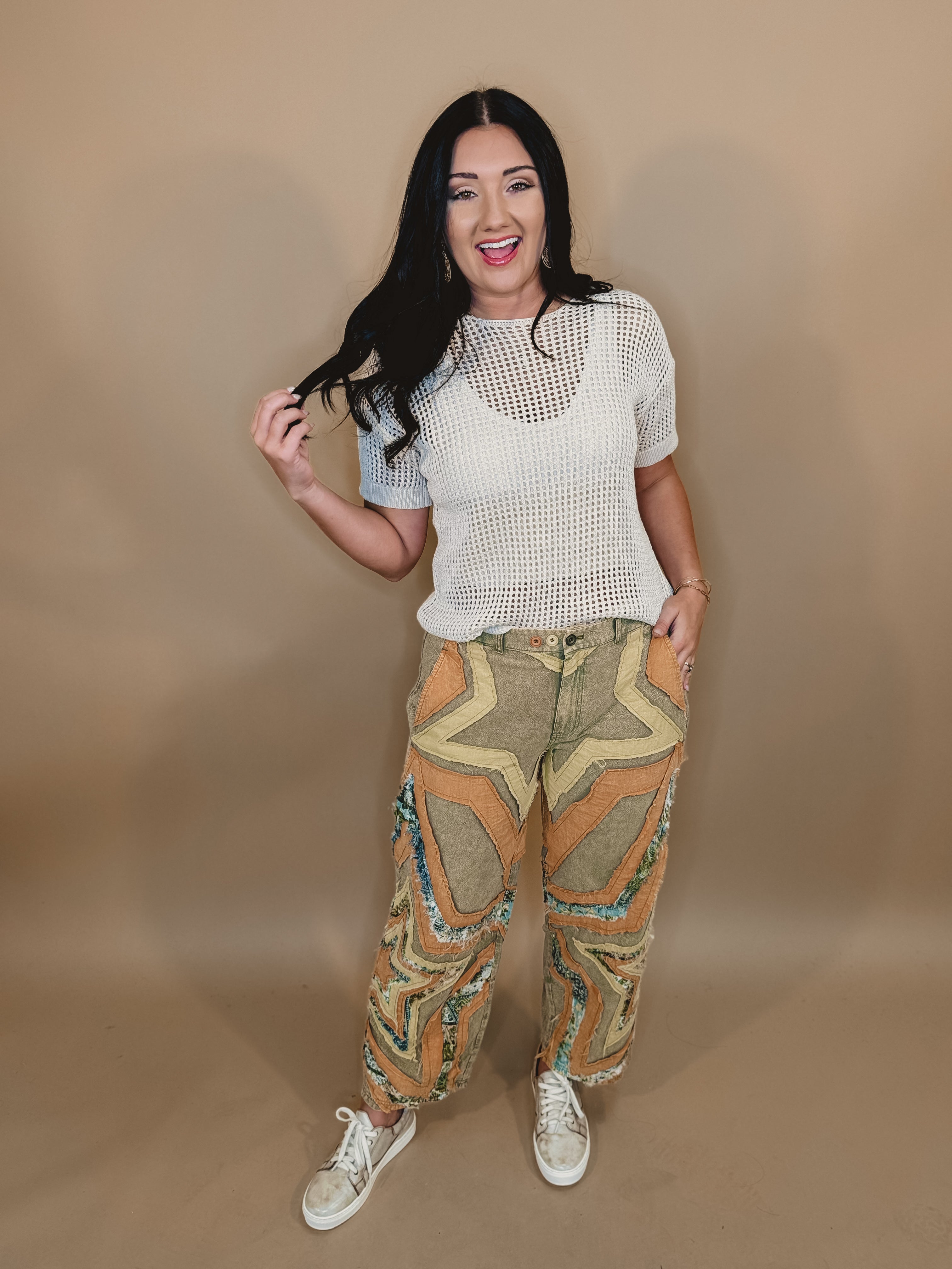 Oli & Hali Washed Star Patchwork Pants - Sage - Lace and Grace Boutique